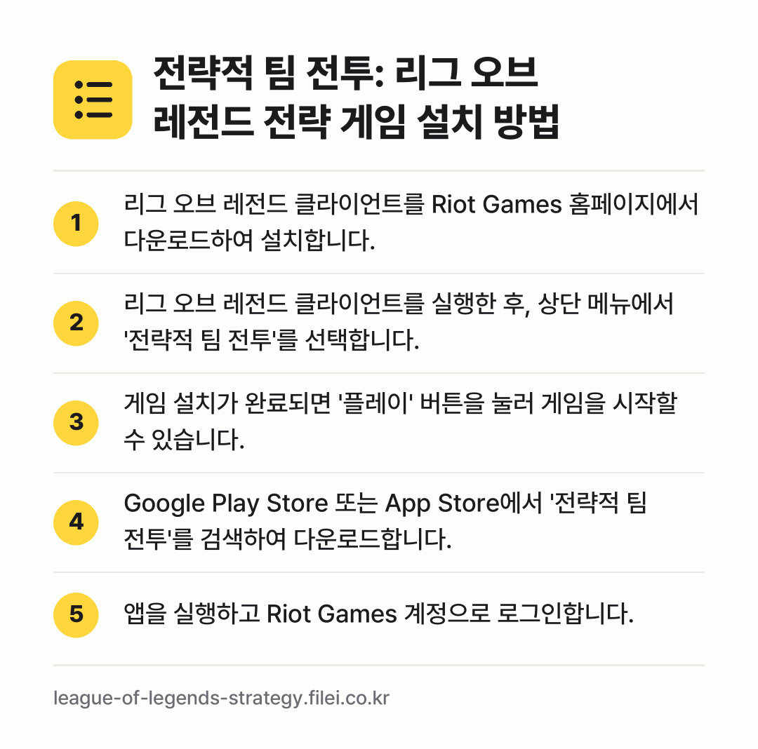 전략적 팀 전투: 리그 오브 레전드 전략 게임 설치 방법: 리그 오브 레전드 클라이언트를 Riot G… → 리그 오브 레전드 클라이언트를 실행한 후,… → 게임 설치가 완료되면 '플레이' 버튼을 눌… → Google Play Store 또는 Ap… → 앱을 실행하고 Riot Games 계정으로…