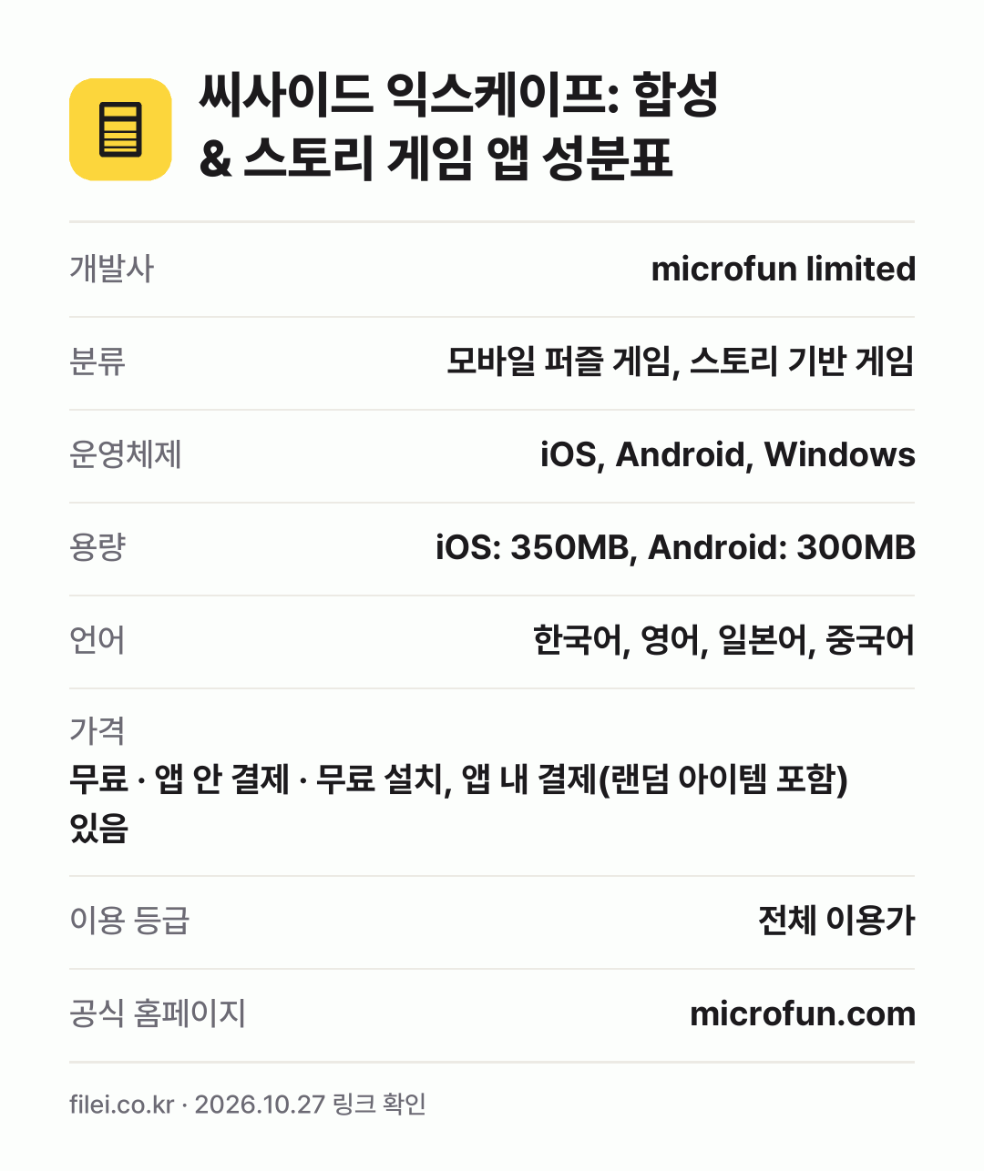 씨사이드 익스케이프: 합성 & 스토리 게임 앱 성분표: 개발사 microfun limited, 분류 모바일 퍼즐 게임, 스토리 기반 게임, 운영체제 iOS, Android, Windows, 용량 iOS: 350MB, Android: 300MB, 언어 한국어, 영어, 일본어, 중국어