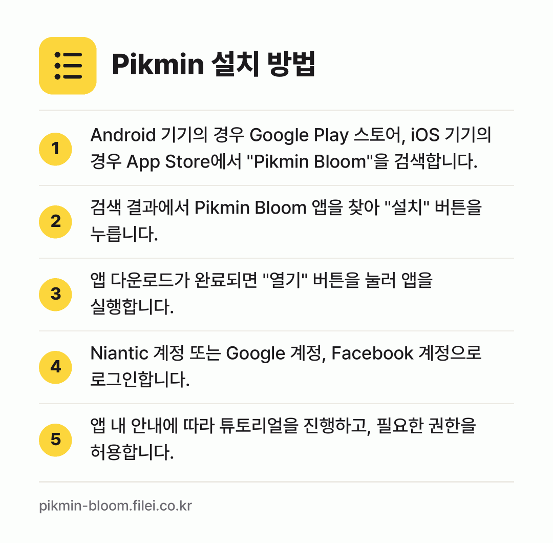 Pikmin 설치 방법: Android 기기의 경우 Google P… → 검색 결과에서 Pikmin Bloom 앱을… → 앱 다운로드가 완료되면 "열기" 버튼을 눌… → Niantic 계정 또는 Google 계정… → 앱 내 안내에 따라 튜토리얼을 진행하고,…