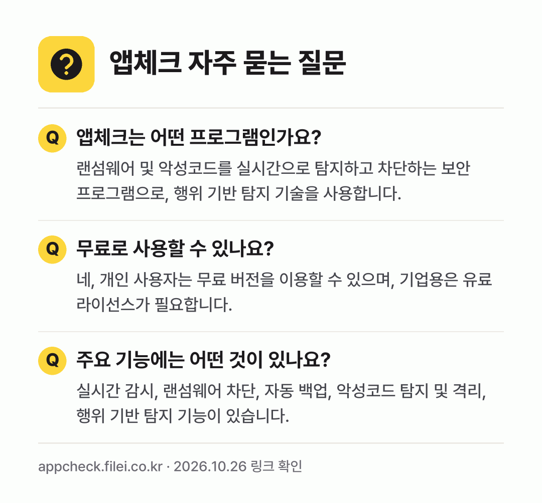 앱체크 자주 묻는 질문: 앱체크는 어떤 프로그램인가요? / 무료로 사용할 수 있나요? / 주요 기능에는 어떤 것이 있나요?