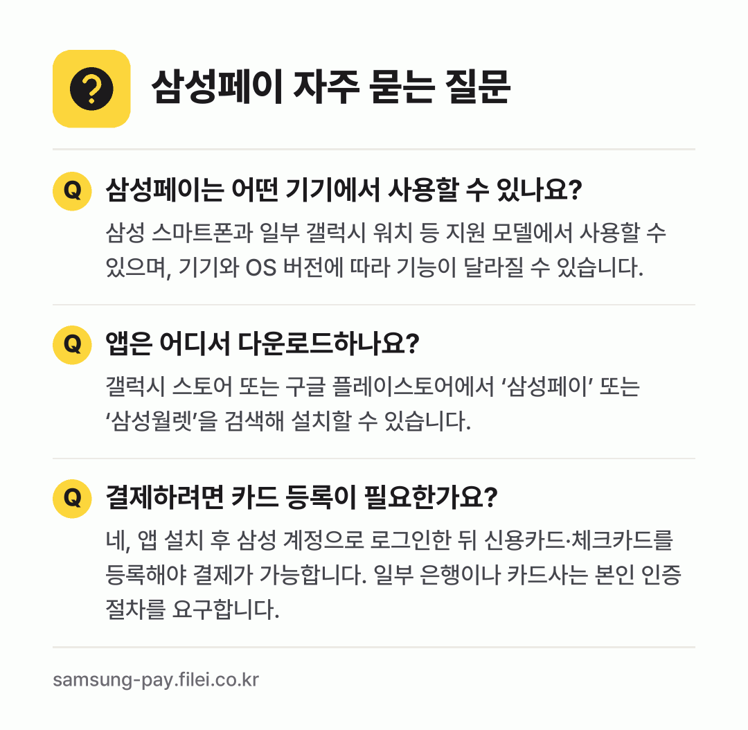 삼성페이 자주 묻는 질문: 삼성페이는 어떤 기기에서 사용할 수 있나요? / 앱은 어디서 다운로드하나요? / 결제하려면 카드 등록이 필요한가요?