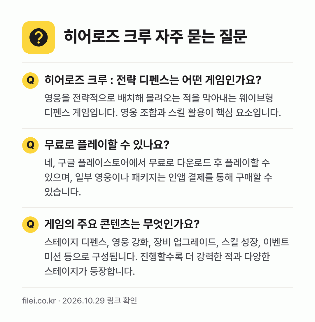 히어로즈 크루 자주 묻는 질문: 히어로즈 크루 : 전략 디펜스는 어떤 게임인가요? / 무료로 플레이할 수 있나요? / 게임의 주요 콘텐츠는 무엇인가요?