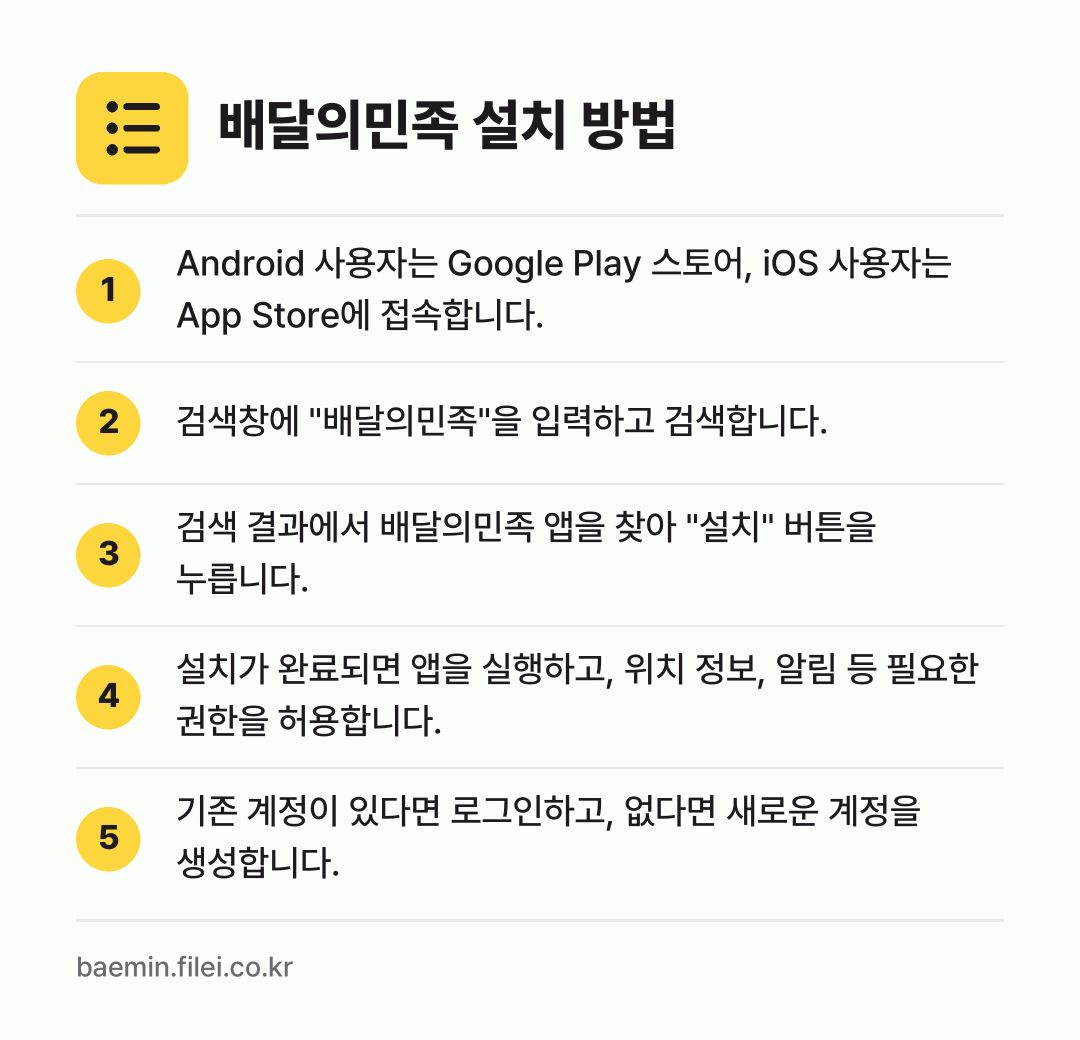 배달의민족 설치 방법: Android 사용자는 Google Pla… → 검색창에 "배달의민족"을 입력하고 검색합니… → 검색 결과에서 배달의민족 앱을 찾아 "설치… → 설치가 완료되면 앱을 실행하고, 위치 정보… → 기존 계정이 있다면 로그인하고, 없다면 새…