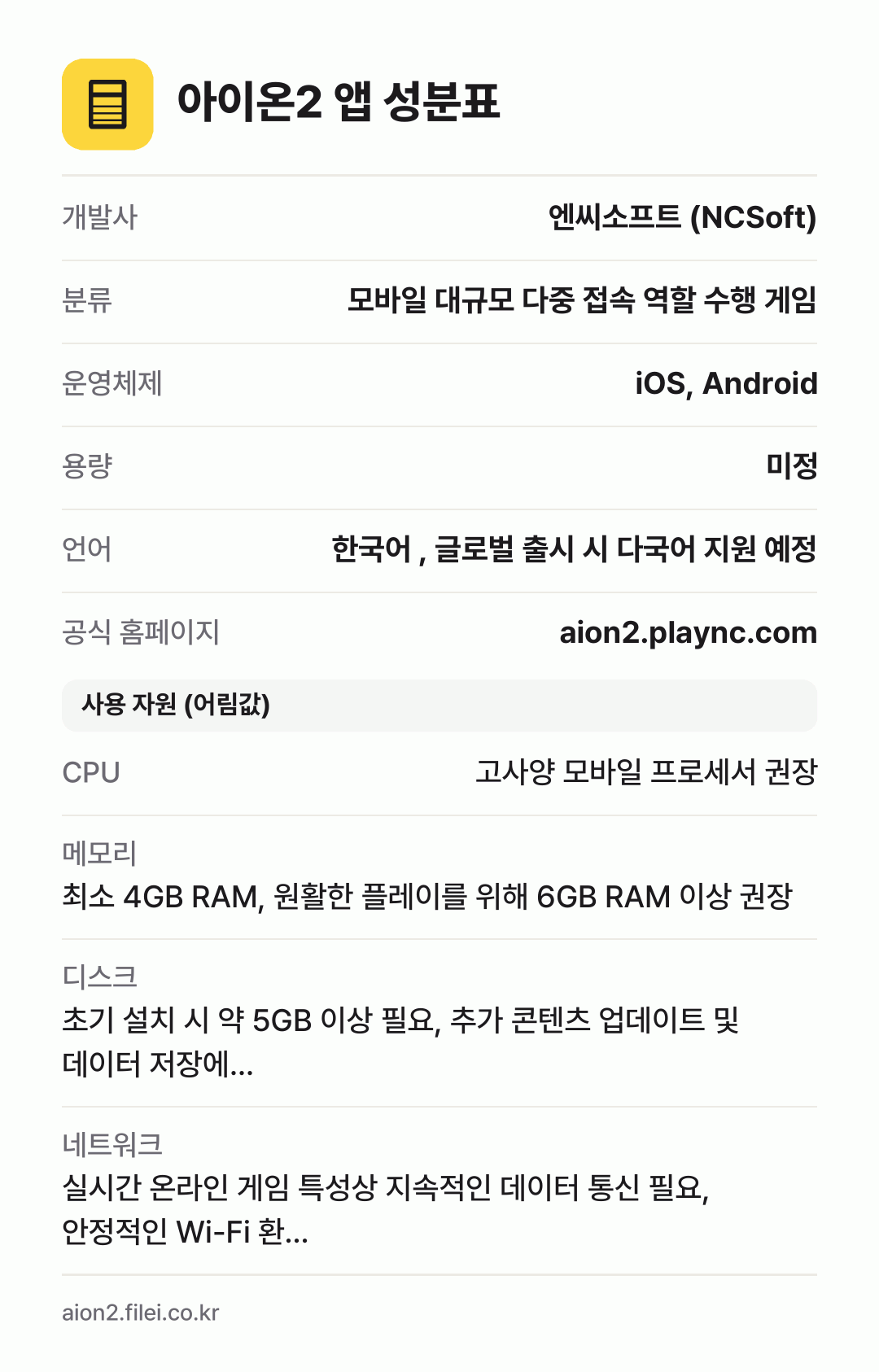 아이온2 앱 성분표: 개발사 엔씨소프트 (NCSoft), 분류 모바일 대규모 다중 접속 역할 수행 게임, 운영체제 iOS, Android, 용량 미정, 언어 한국어 , 글로벌 출시 시 다국어 지원 예정