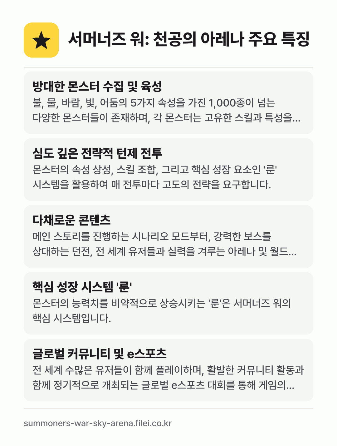 서머너즈 워: 천공의 아레나 주요 특징: 방대한 몬스터 수집 및 육성, 심도 깊은 전략적 턴제 전투, 다채로운 콘텐츠, 핵심 성장 시스템 '룬', 글로벌 커뮤니티 및 e스포츠