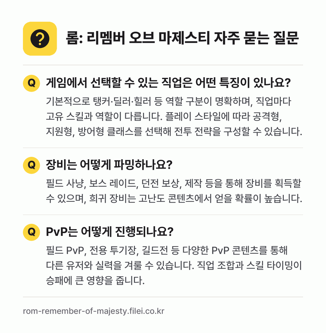롬: 리멤버 오브 마제스티 자주 묻는 질문: 게임에서 선택할 수 있는 직업은 어떤 특징이 있나요? / 장비는 어떻게 파밍하나요? / PvP는 어떻게 진행되나요?