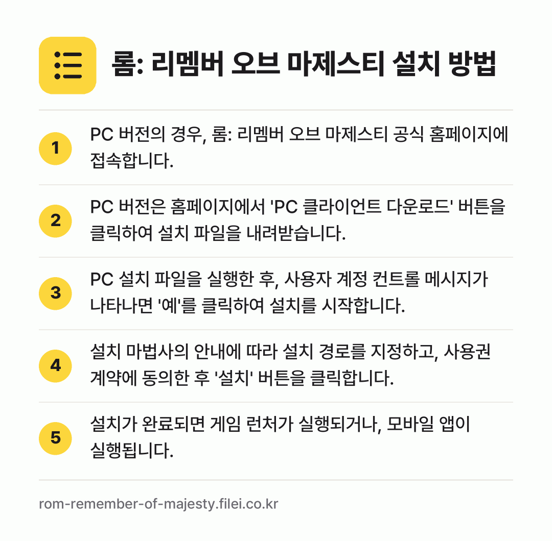 롬: 리멤버 오브 마제스티 설치 방법: PC 버전의 경우, 롬: 리멤버 오브 마제… → PC 버전은 홈페이지에서 'PC 클라이언트… → PC 설치 파일을 실행한 후, 사용자 계정… → 설치 마법사의 안내에 따라 설치 경로를 지… → 설치가 완료되면 게임 런처가 실행되거나,…