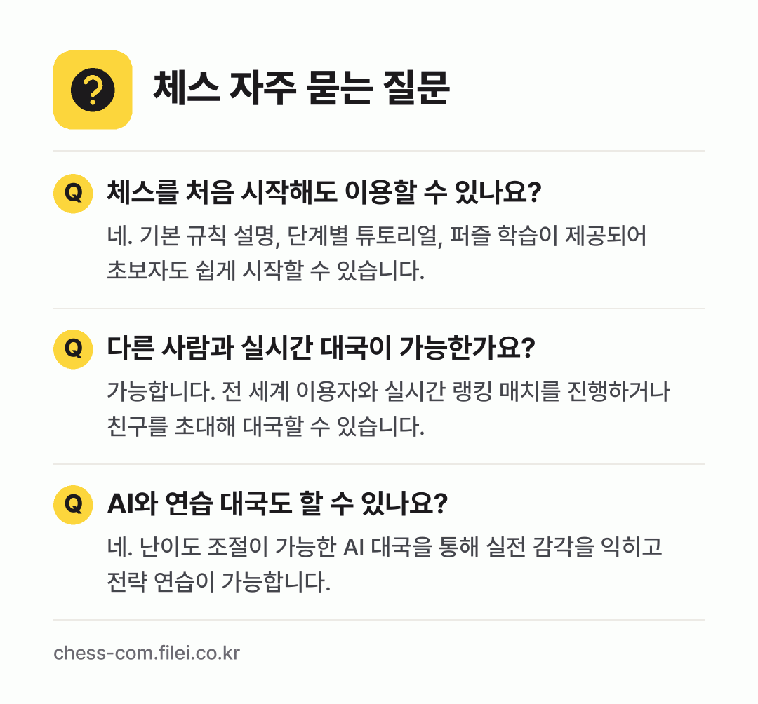 체스 자주 묻는 질문: 체스를 처음 시작해도 이용할 수 있나요? / 다른 사람과 실시간 대국이 가능한가요? / AI와 연습 대국도 할 수 있나요?