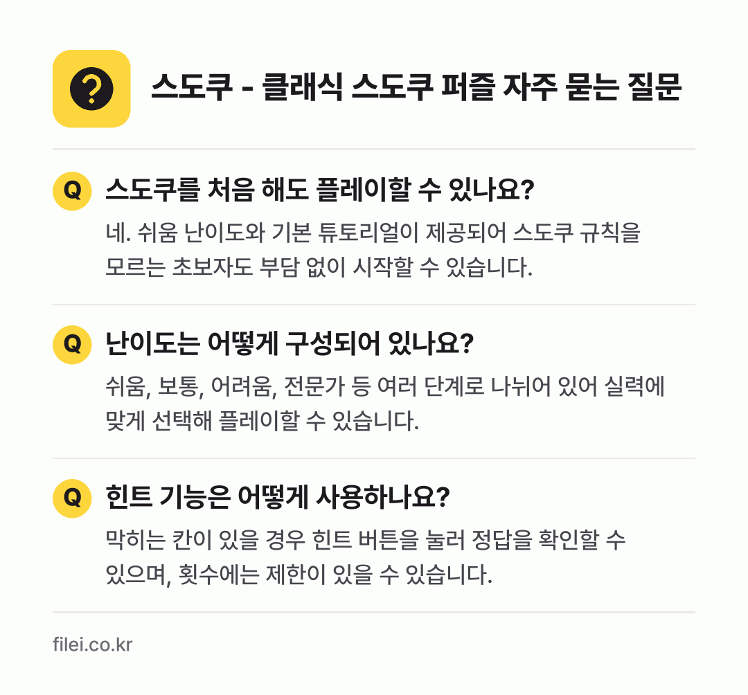 스도쿠 - 클래식 스도쿠 퍼즐 자주 묻는 질문: 스도쿠를 처음 해도 플레이할 수 있나요? / 난이도는 어떻게 구성되어 있나요? / 힌트 기능은 어떻게 사용하나요?