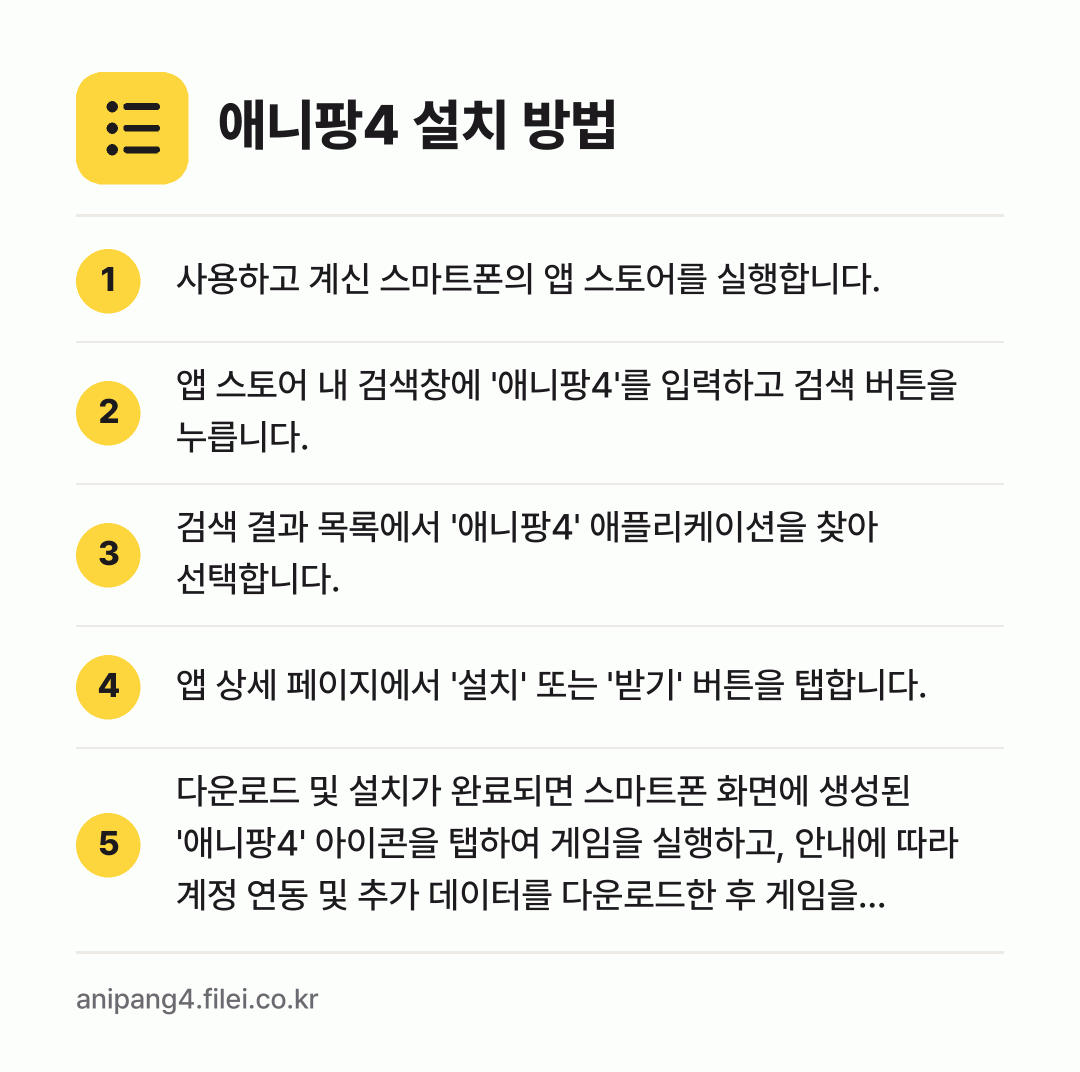 애니팡4 설치 방법: 사용하고 계신 스마트폰의 앱 스토어를 실행… → 앱 스토어 내 검색창에 '애니팡4'를 입력… → 검색 결과 목록에서 '애니팡4' 애플리케이… → 앱 상세 페이지에서 '설치' 또는 '받기'… → 다운로드 및 설치가 완료되면 스마트폰 화면…