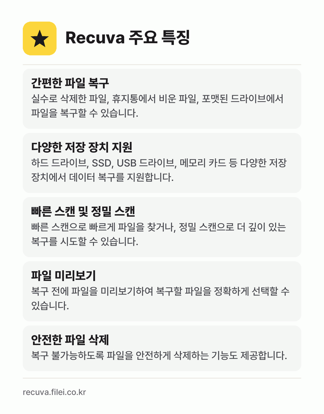 Recuva 주요 특징: 간편한 파일 복구, 다양한 저장 장치 지원, 빠른 스캔 및 정밀 스캔, 파일 미리보기, 안전한 파일 삭제