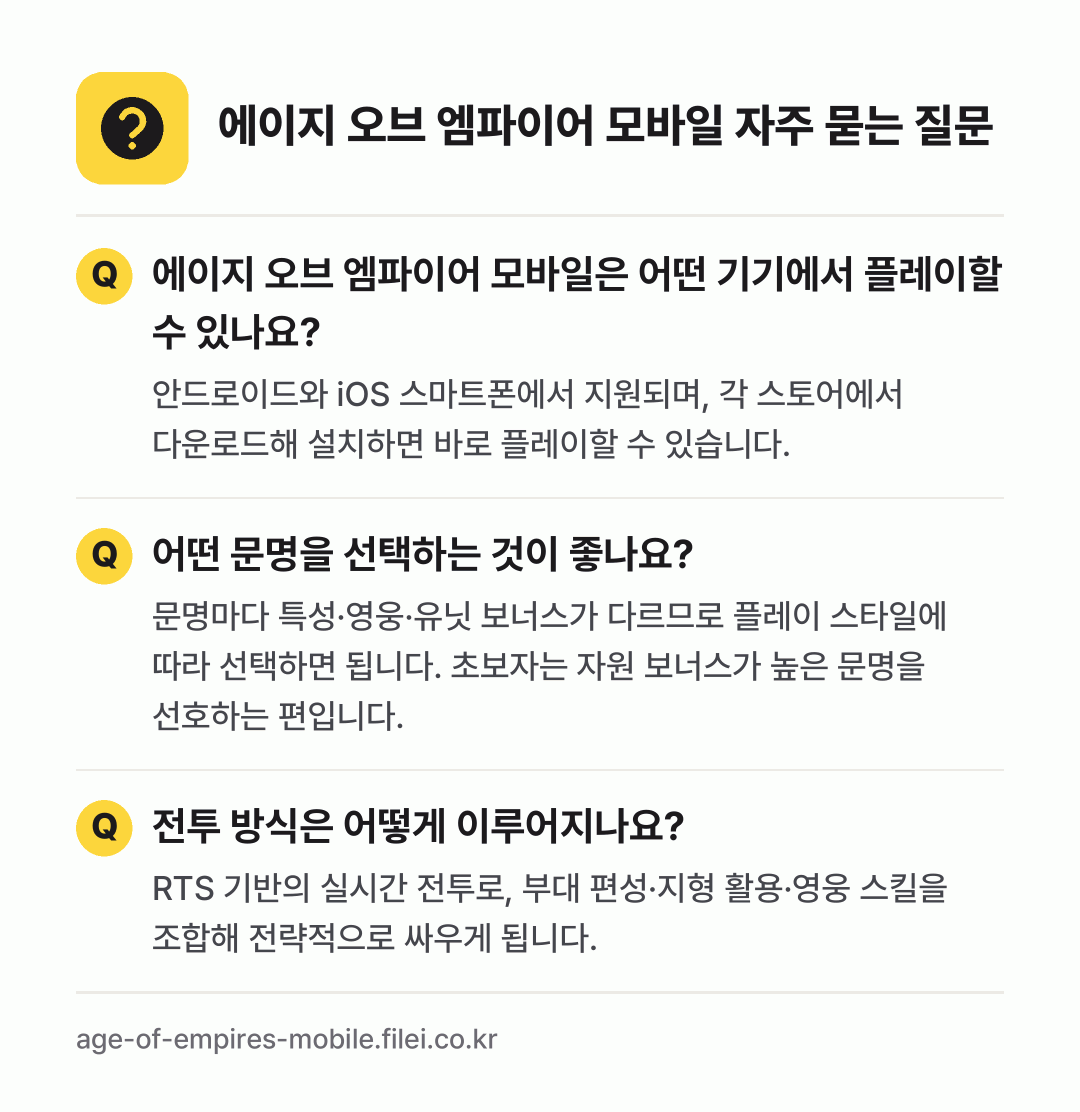 에이지 오브 엠파이어 모바일 자주 묻는 질문: 에이지 오브 엠파이어 모바일은 어떤 기기에서 플레이할 수 있나요? / 어떤 문명을 선택하는 것이 좋나요? / 전투 방식은 어떻게 이루어지나요?