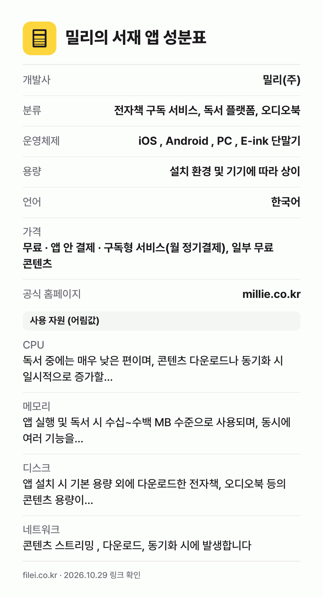 밀리의 서재 앱 성분표: 개발사 밀리(주), 분류 전자책 구독 서비스, 독서 플랫폼, 오디오북, 운영체제 iOS , Android , PC , E-ink 단말기, 용량 설치 환경 및 기기에 따라 상이, 언어 한국어
