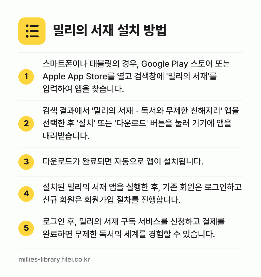 밀리의 서재 설치 방법: 스마트폰이나 태블릿의 경우, Google… → 검색 결과에서 '밀리의 서재 - 독서와 무… → 다운로드가 완료되면 자동으로 앱이 설치됩니… → 설치된 밀리의 서재 앱을 실행한 후, 기존… → 로그인 후, 밀리의 서재 구독 서비스를 신…
