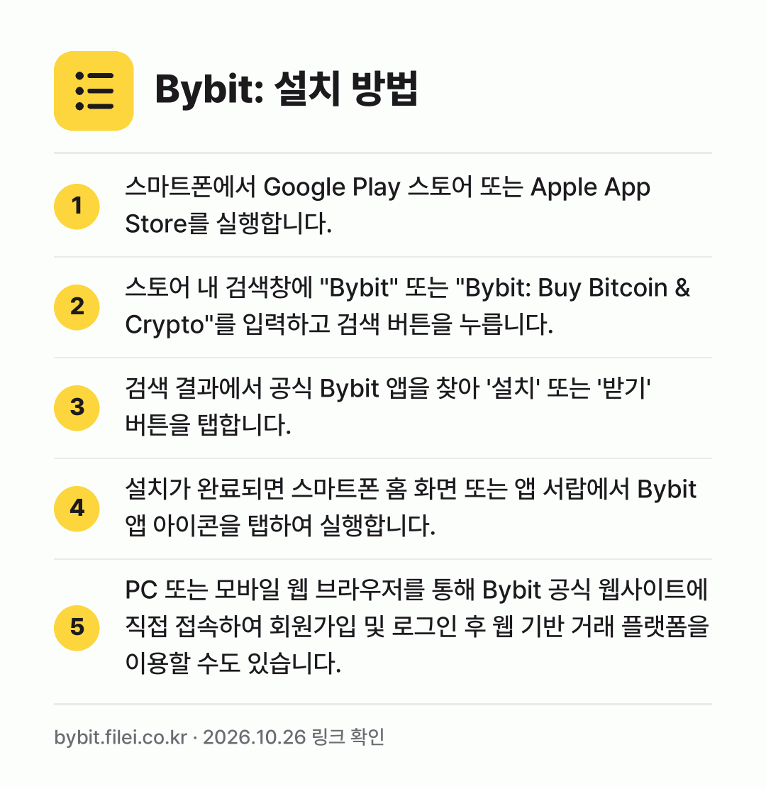 Bybit: 설치 방법: 스마트폰에서 Google Play 스토어… → 스토어 내 검색창에 "Bybit" 또는 "… → 검색 결과에서 공식 Bybit 앱을 찾아… → 설치가 완료되면 스마트폰 홈 화면 또는 앱… → PC 또는 모바일 웹 브라우저를 통해 By…