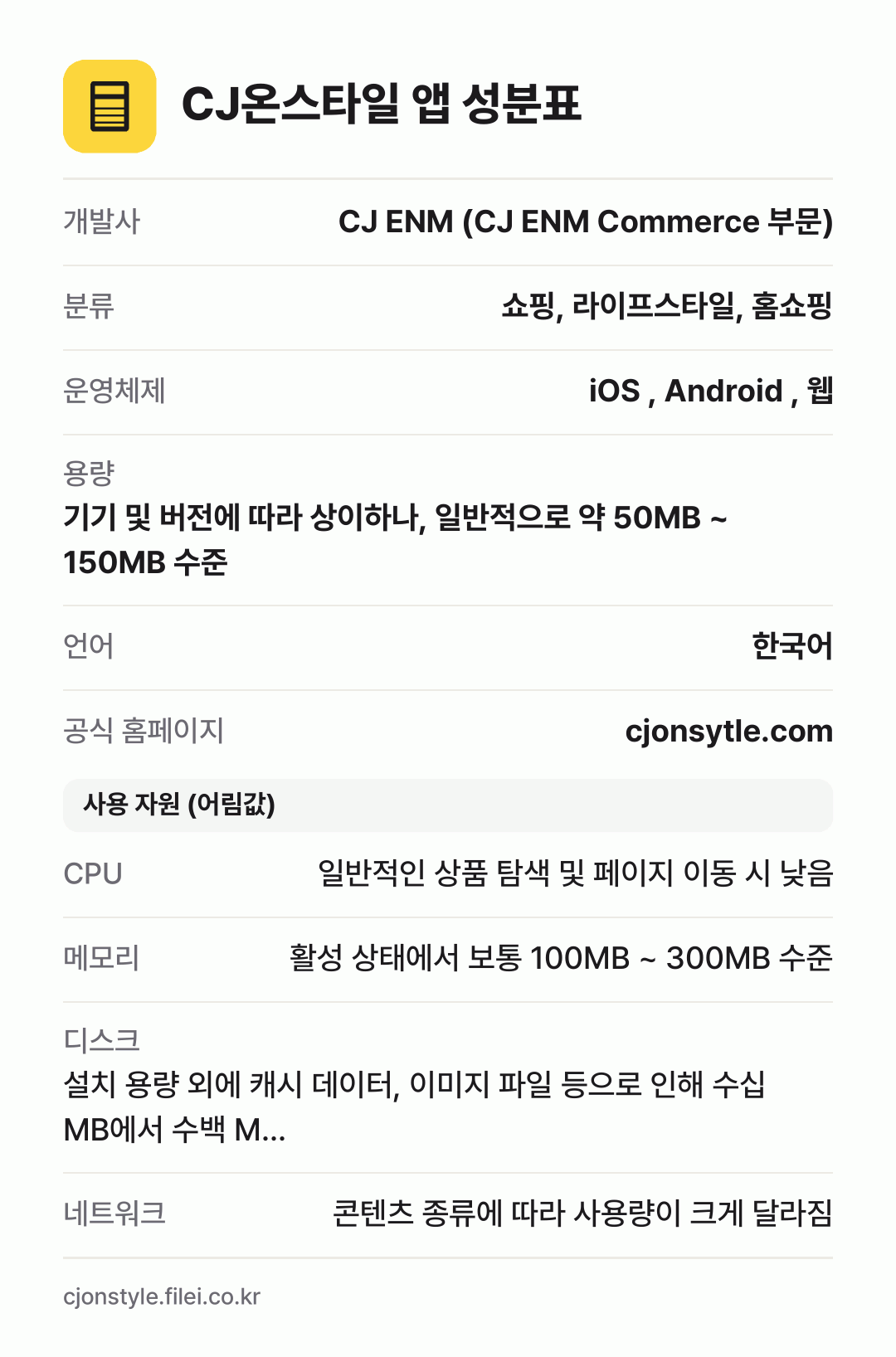 CJ온스타일 앱 성분표: 개발사 CJ ENM (CJ ENM Commerce 부문), 분류 쇼핑, 라이프스타일, 홈쇼핑, 운영체제 iOS , Android , 웹, 용량 기기 및 버전에 따라 상이하나, 일반적으로 약 50MB ~ 150MB 수준, 언어 한국어