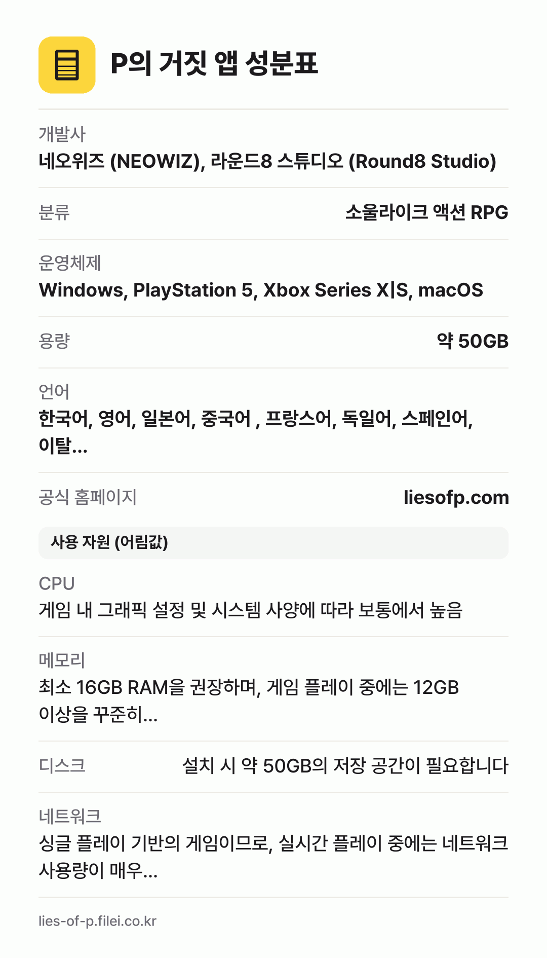 P의 거짓 앱 성분표: 개발사 네오위즈 (NEOWIZ), 라운드8 스튜디오 (Round8 Studio), 분류 소울라이크 액션 RPG, 운영체제 Windows, PlayStation 5, Xbox Series X|S, macOS, 용량 약 50GB, 언어 한국어, 영어, 일본어, 중국어 , 프랑스어, 독일어, 스페인어, 이탈…