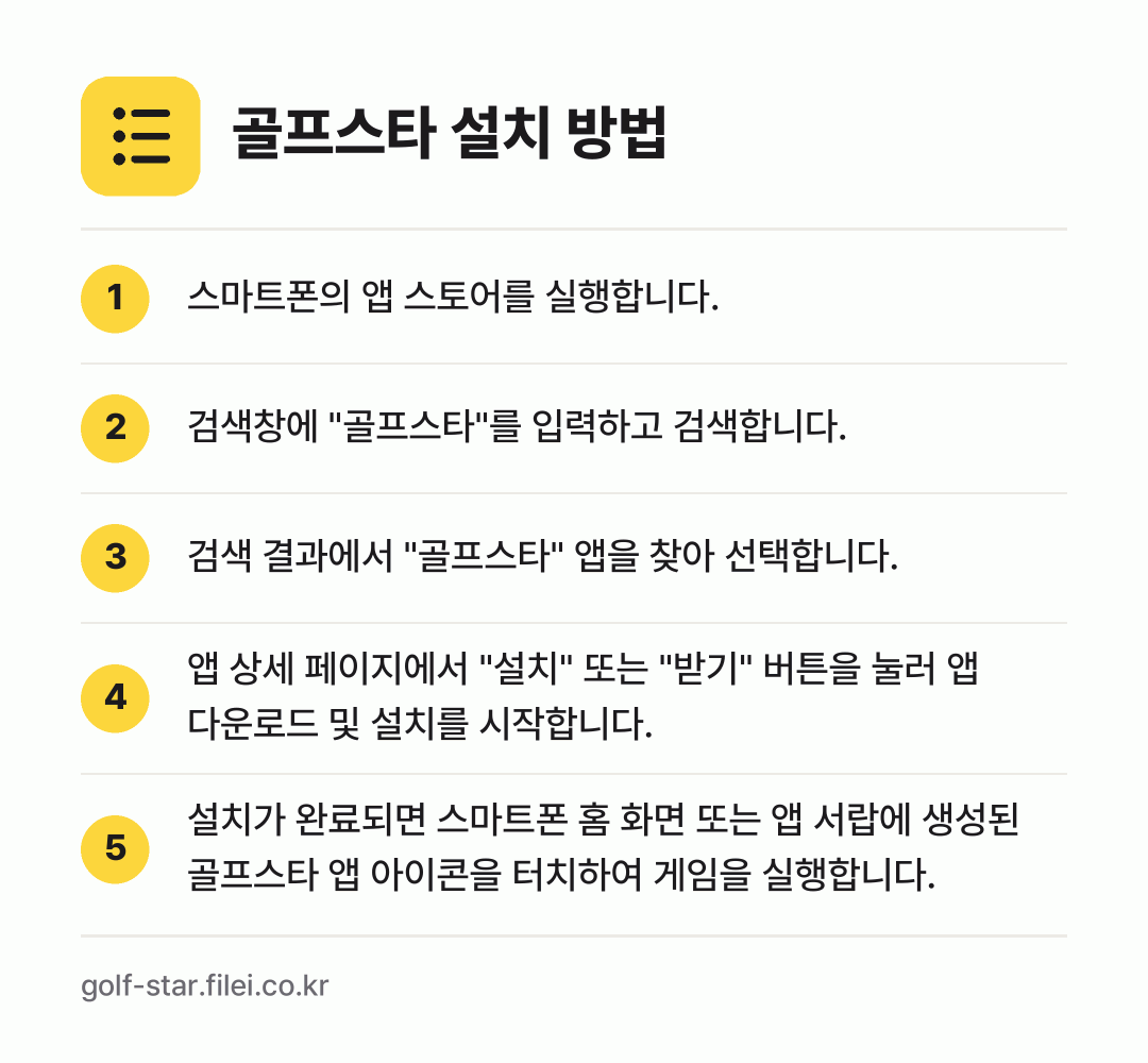 골프스타 설치 방법: 스마트폰의 앱 스토어를 실행합니다. → 검색창에 "골프스타"를 입력하고 검색합니다. → 검색 결과에서 "골프스타" 앱을 찾아 선택… → 앱 상세 페이지에서 "설치" 또는 "받기"… → 설치가 완료되면 스마트폰 홈 화면 또는 앱…