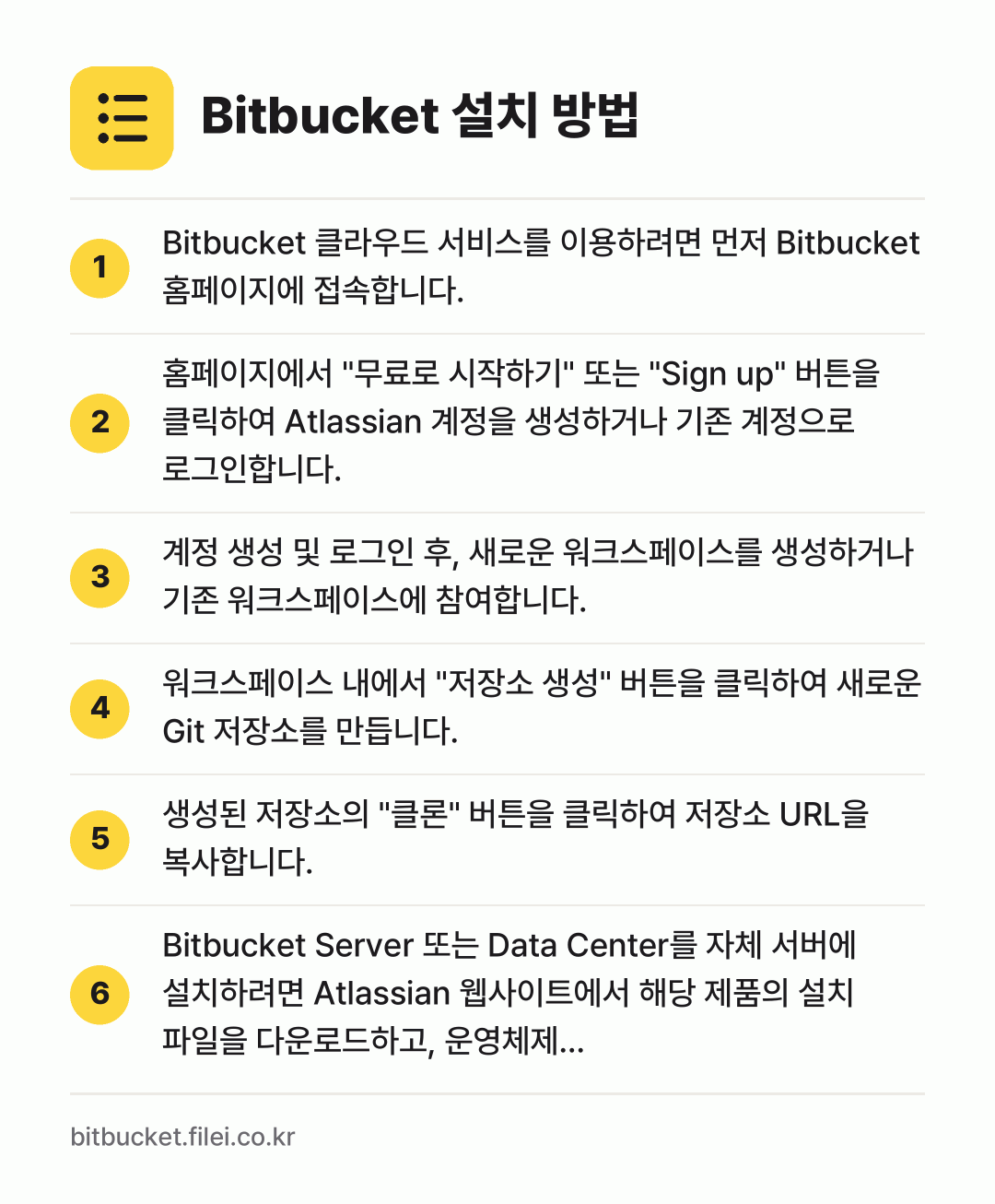 Bitbucket 설치 방법: Bitbucket 클라우드 서비스를 이용하… → 홈페이지에서 "무료로 시작하기" 또는 "S… → 계정 생성 및 로그인 후, 새로운 워크스페… → 워크스페이스 내에서 "저장소 생성" 버튼을… → 생성된 저장소의 "클론" 버튼을 클릭하여… → Bitbucket Server 또는 Dat…