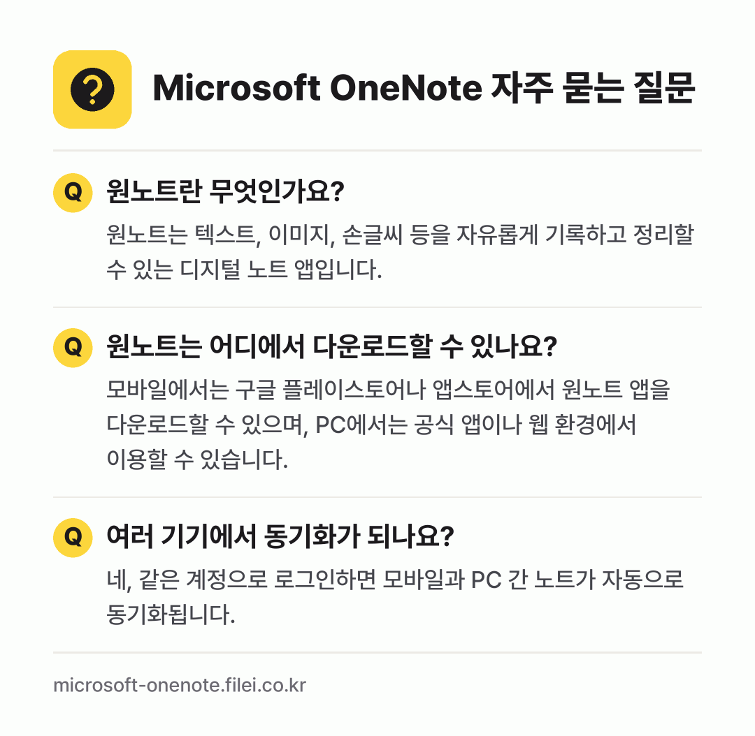 Microsoft OneNote 자주 묻는 질문: 원노트란 무엇인가요? / 원노트는 어디에서 다운로드할 수 있나요? / 여러 기기에서 동기화가 되나요?