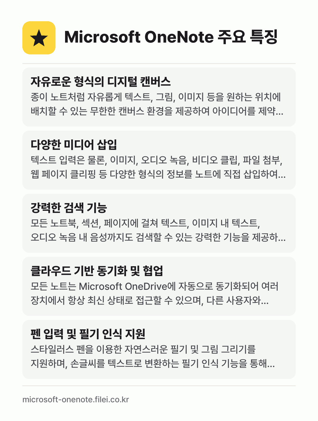 Microsoft OneNote 주요 특징: 자유로운 형식의 디지털 캔버스, 다양한 미디어 삽입, 강력한 검색 기능, 클라우드 기반 동기화 및 협업, 펜 입력 및 필기 인식 지원