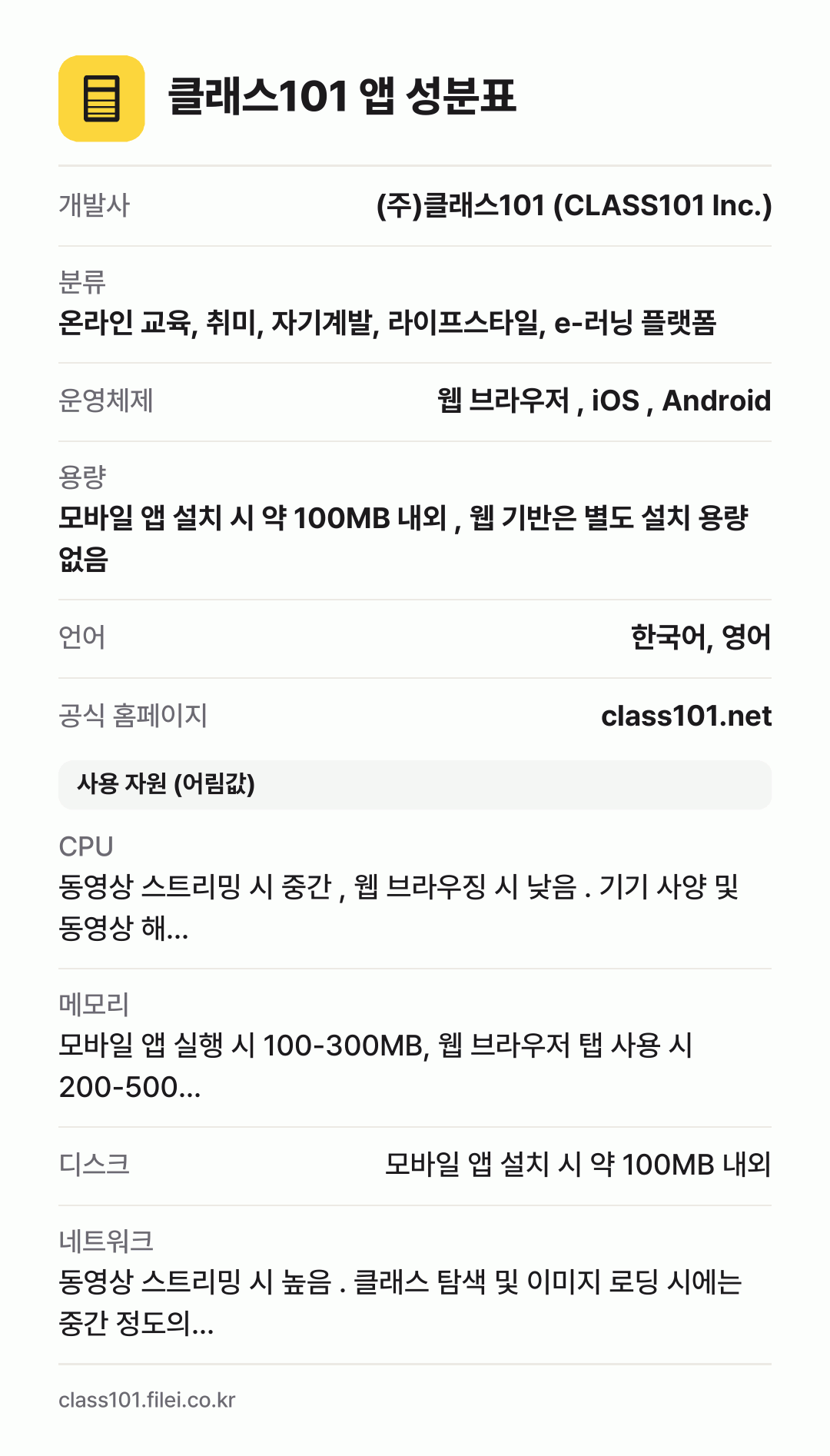 클래스101 앱 성분표: 개발사 (주)클래스101 (CLASS101 Inc.), 분류 온라인 교육, 취미, 자기계발, 라이프스타일, e-러닝 플랫폼, 운영체제 웹 브라우저 , iOS , Android, 용량 모바일 앱 설치 시 약 100MB 내외 , 웹 기반은 별도 설치 용량 없음, 언어 한국어, 영어