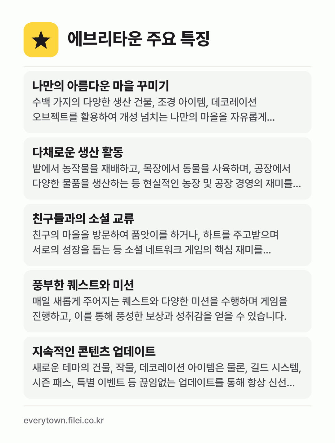 에브리타운 주요 특징: 나만의 아름다운 마을 꾸미기, 다채로운 생산 활동, 친구들과의 소셜 교류, 풍부한 퀘스트와 미션, 지속적인 콘텐츠 업데이트