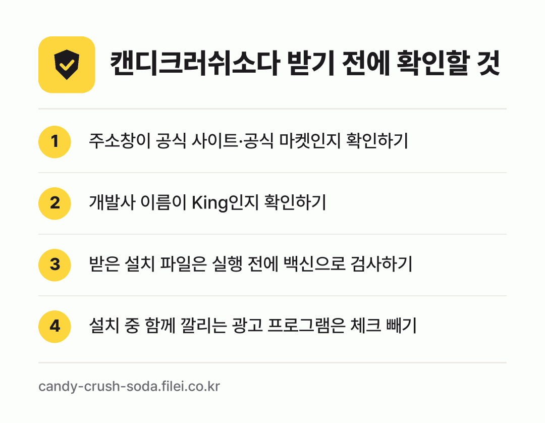 캔디크러쉬소다 받기 전에 확인할 것: 주소창이 공식 사이트·공식 마켓인지 확인하기, 개발사 이름이 King인지 확인하기, 받은 설치 파일은 실행 전에 백신으로 검사하기, 설치 중 함께 깔리는 광고 프로그램은 체크 빼기