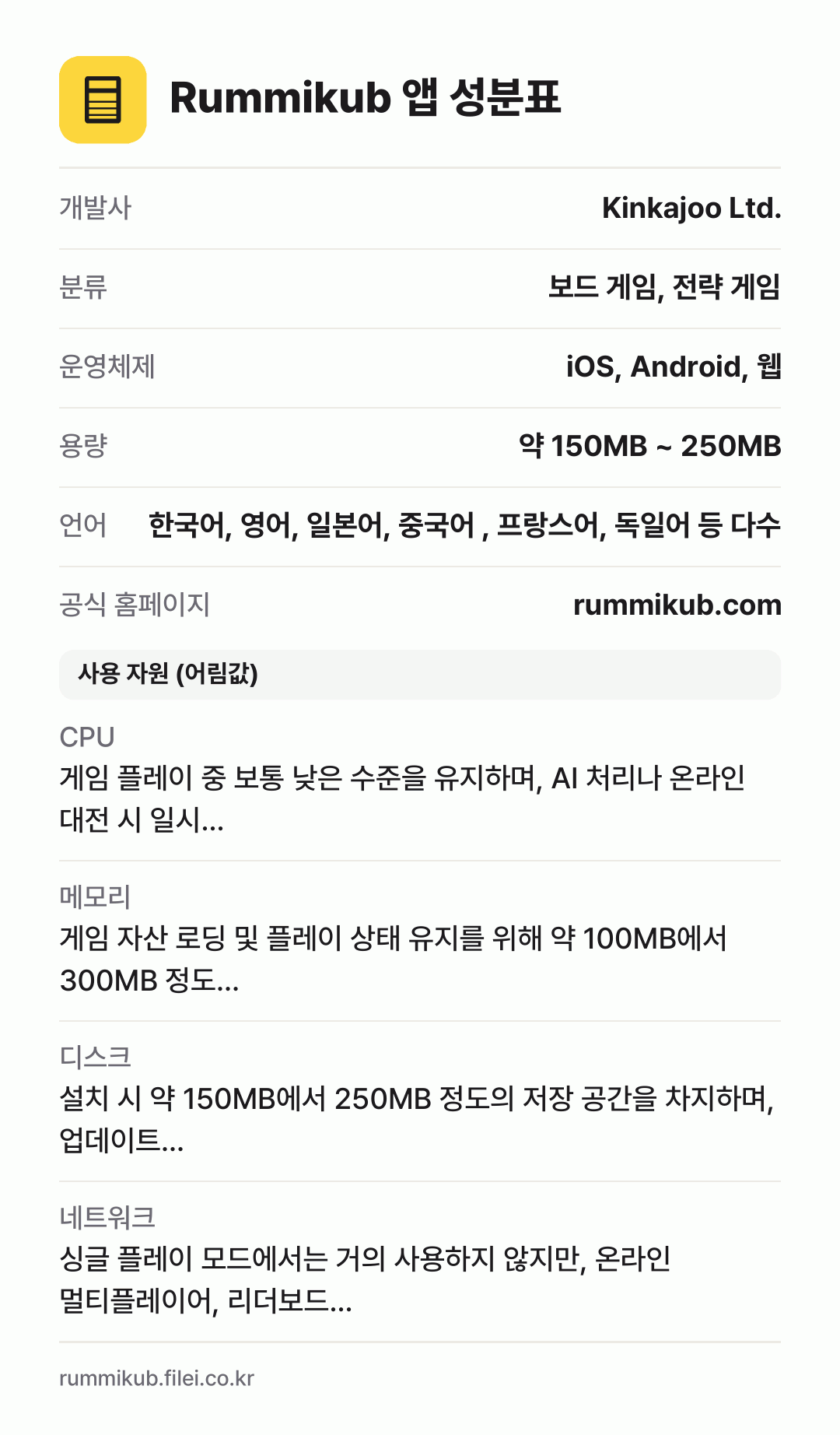 Rummikub 앱 성분표: 개발사 Kinkajoo Ltd., 분류 보드 게임, 전략 게임, 운영체제 iOS, Android, 웹, 용량 약 150MB ~ 250MB, 언어 한국어, 영어, 일본어, 중국어 , 프랑스어, 독일어 등 다수