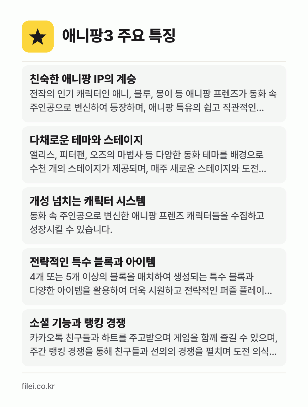 애니팡3 주요 특징: 친숙한 애니팡 IP의 계승, 다채로운 테마와 스테이지, 개성 넘치는 캐릭터 시스템, 전략적인 특수 블록과 아이템, 소셜 기능과 랭킹 경쟁