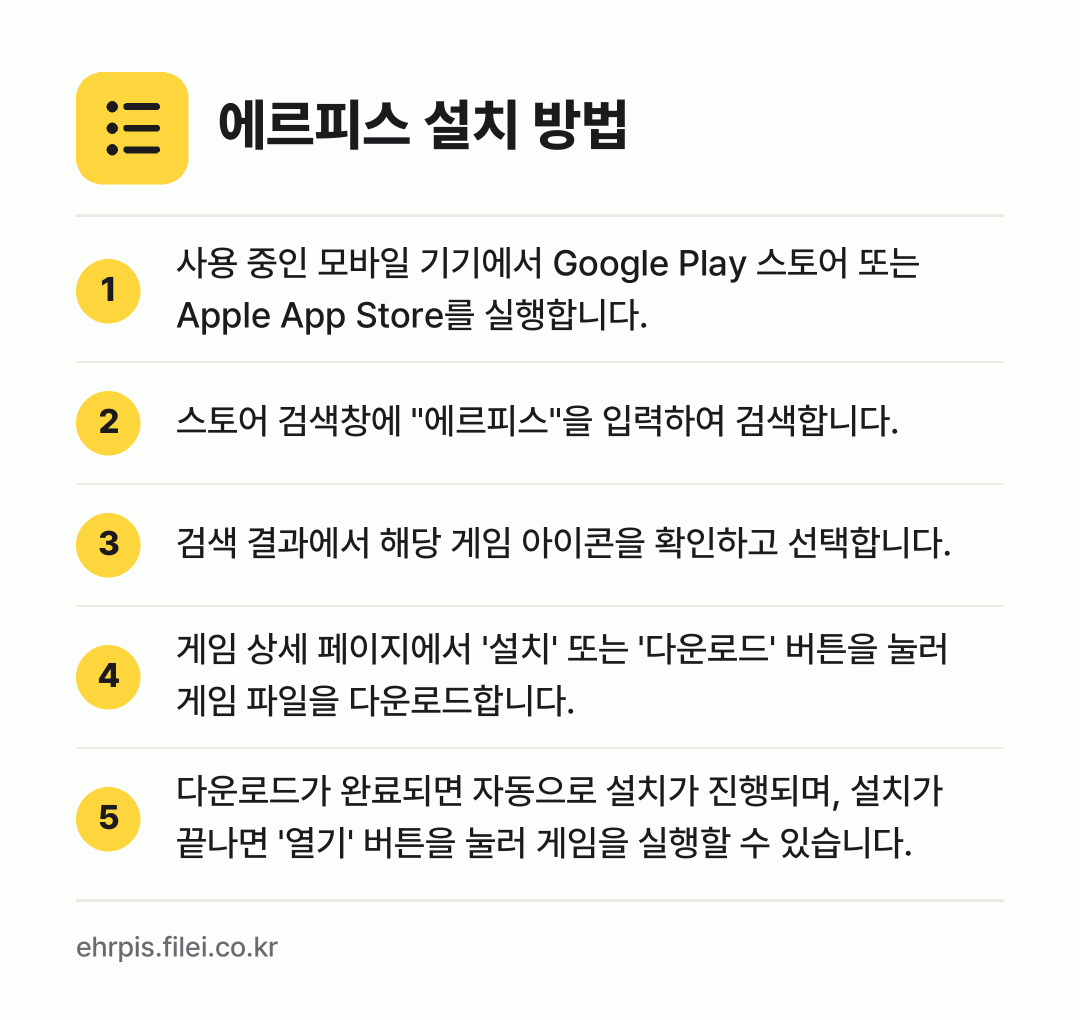 에르피스 설치 방법: 사용 중인 모바일 기기에서 Google P… → 스토어 검색창에 "에르피스"을 입력하여 검… → 검색 결과에서 해당 게임 아이콘을 확인하고… → 게임 상세 페이지에서 '설치' 또는 '다운… → 다운로드가 완료되면 자동으로 설치가 진행되…