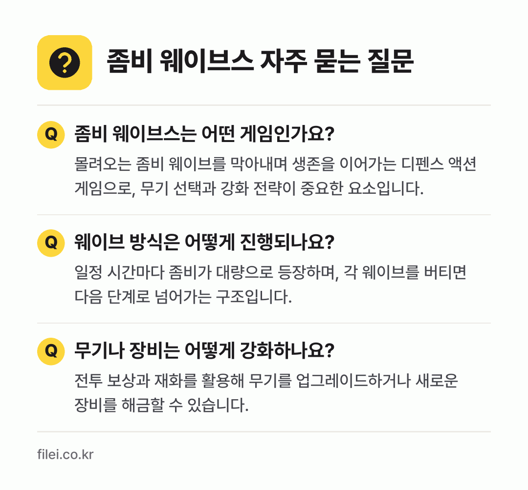 좀비 웨이브스 자주 묻는 질문: 좀비 웨이브스는 어떤 게임인가요? / 웨이브 방식은 어떻게 진행되나요? / 무기나 장비는 어떻게 강화하나요?