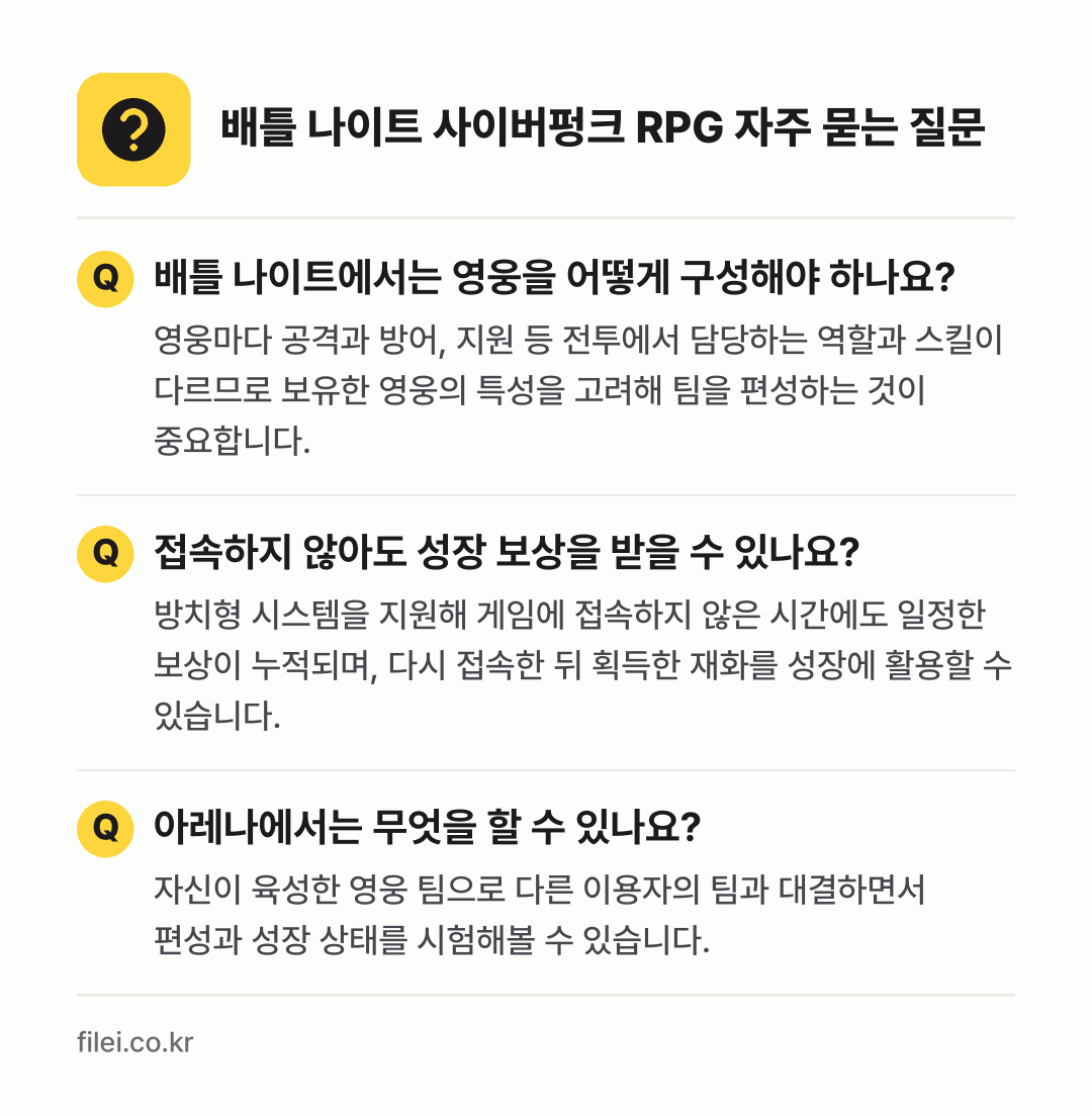 배틀 나이트 사이버펑크 RPG 자주 묻는 질문: 배틀 나이트에서는 영웅을 어떻게 구성해야 하나요? / 접속하지 않아도 성장 보상을 받을 수 있나요? / 아레나에서는 무엇을 할 수 있나요?