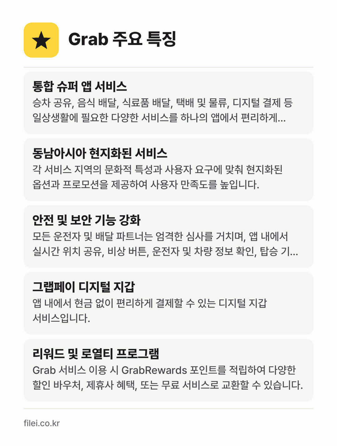 Grab 주요 특징: 통합 슈퍼 앱 서비스, 동남아시아 현지화된 서비스, 안전 및 보안 기능 강화, 그랩페이 디지털 지갑, 리워드 및 로열티 프로그램
