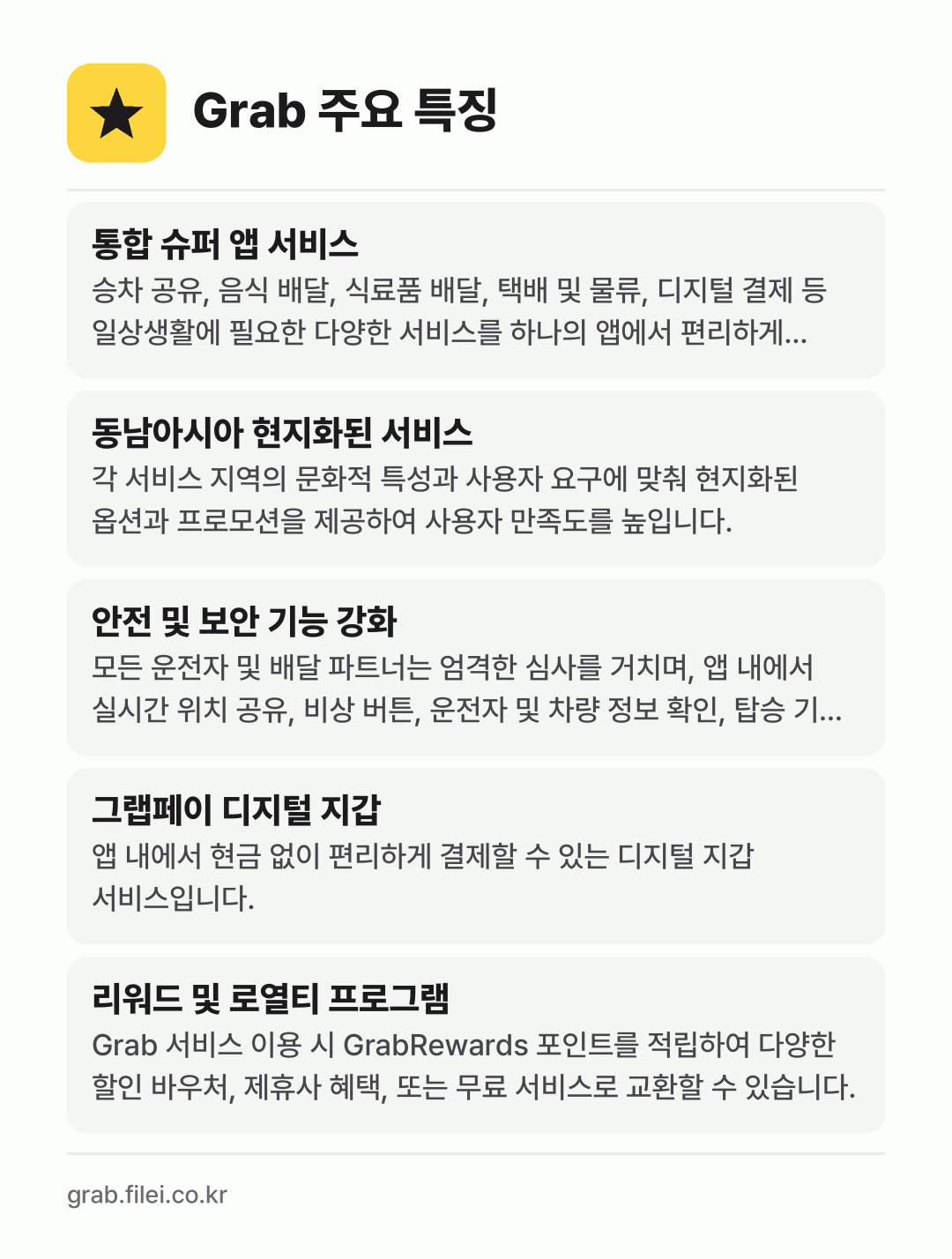 Grab 주요 특징: 통합 슈퍼 앱 서비스, 동남아시아 현지화된 서비스, 안전 및 보안 기능 강화, 그랩페이 디지털 지갑, 리워드 및 로열티 프로그램