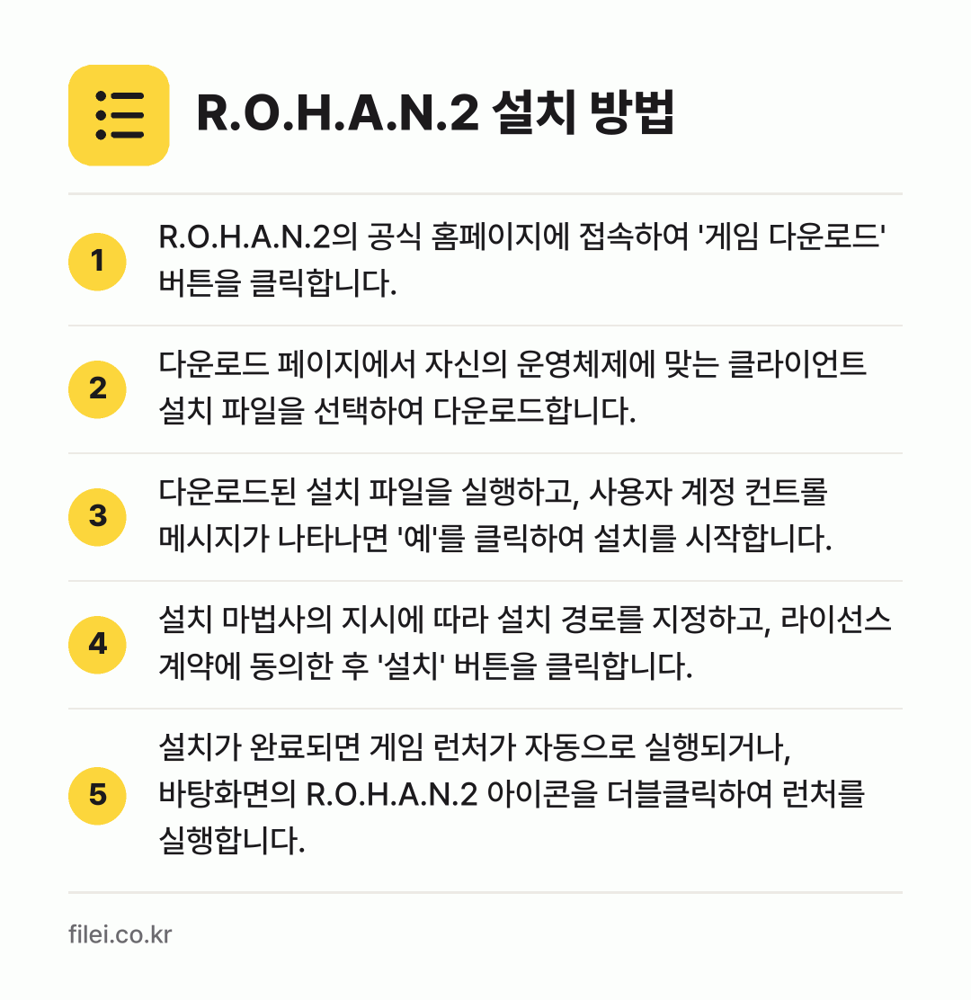 R.O.H.A.N.2 설치 방법: R.O.H.A.N.2의 공식 홈페이지에 접… → 다운로드 페이지에서 자신의 운영체제에 맞는… → 다운로드된 설치 파일을 실행하고, 사용자… → 설치 마법사의 지시에 따라 설치 경로를 지… → 설치가 완료되면 게임 런처가 자동으로 실행…