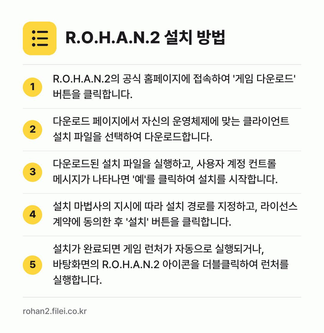 R.O.H.A.N.2 설치 방법: R.O.H.A.N.2의 공식 홈페이지에 접… → 다운로드 페이지에서 자신의 운영체제에 맞는… → 다운로드된 설치 파일을 실행하고, 사용자… → 설치 마법사의 지시에 따라 설치 경로를 지… → 설치가 완료되면 게임 런처가 자동으로 실행…