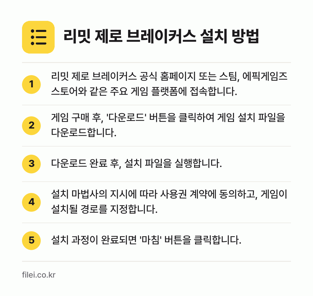 리밋 제로 브레이커스 설치 방법: 리밋 제로 브레이커스 공식 홈페이지 또는… → 게임 구매 후, '다운로드' 버튼을 클릭하… → 다운로드 완료 후, 설치 파일을 실행합니다. → 설치 마법사의 지시에 따라 사용권 계약에… → 설치 과정이 완료되면 '마침' 버튼을 클릭…