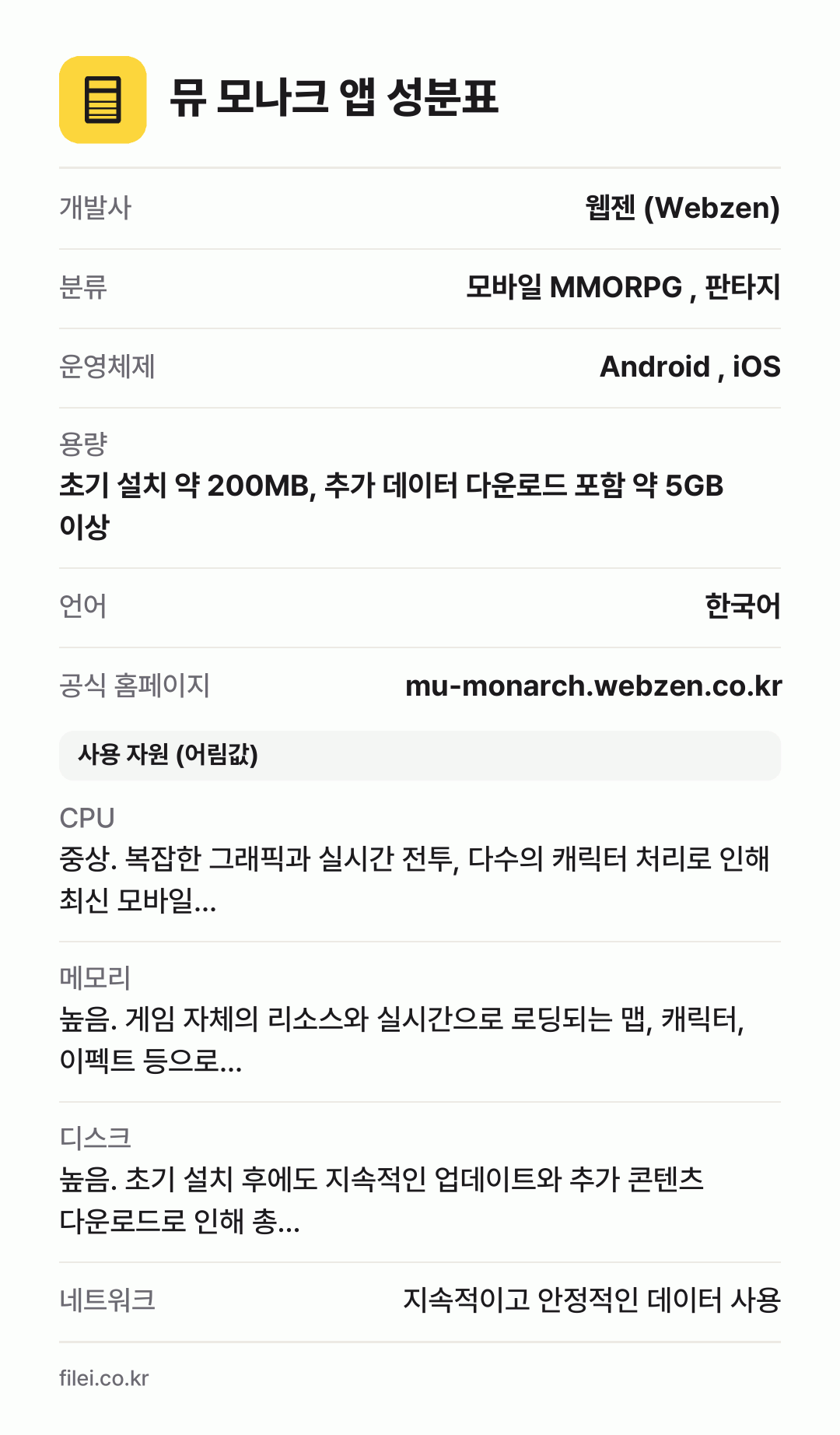 뮤 모나크 앱 성분표: 개발사 웹젠 (Webzen), 분류 모바일 MMORPG , 판타지, 운영체제 Android , iOS, 용량 초기 설치 약 200MB, 추가 데이터 다운로드 포함 약 5GB 이상, 언어 한국어
