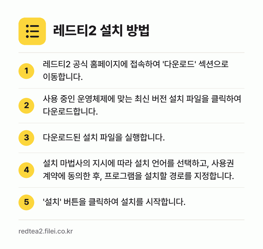 레드티2 설치 방법: 레드티2 공식 홈페이지에 접속하여 '다운로… → 사용 중인 운영체제에 맞는 최신 버전 설치… → 다운로드된 설치 파일을 실행합니다. → 설치 마법사의 지시에 따라 설치 언어를 선… → '설치' 버튼을 클릭하여 설치를 시작합니다.
