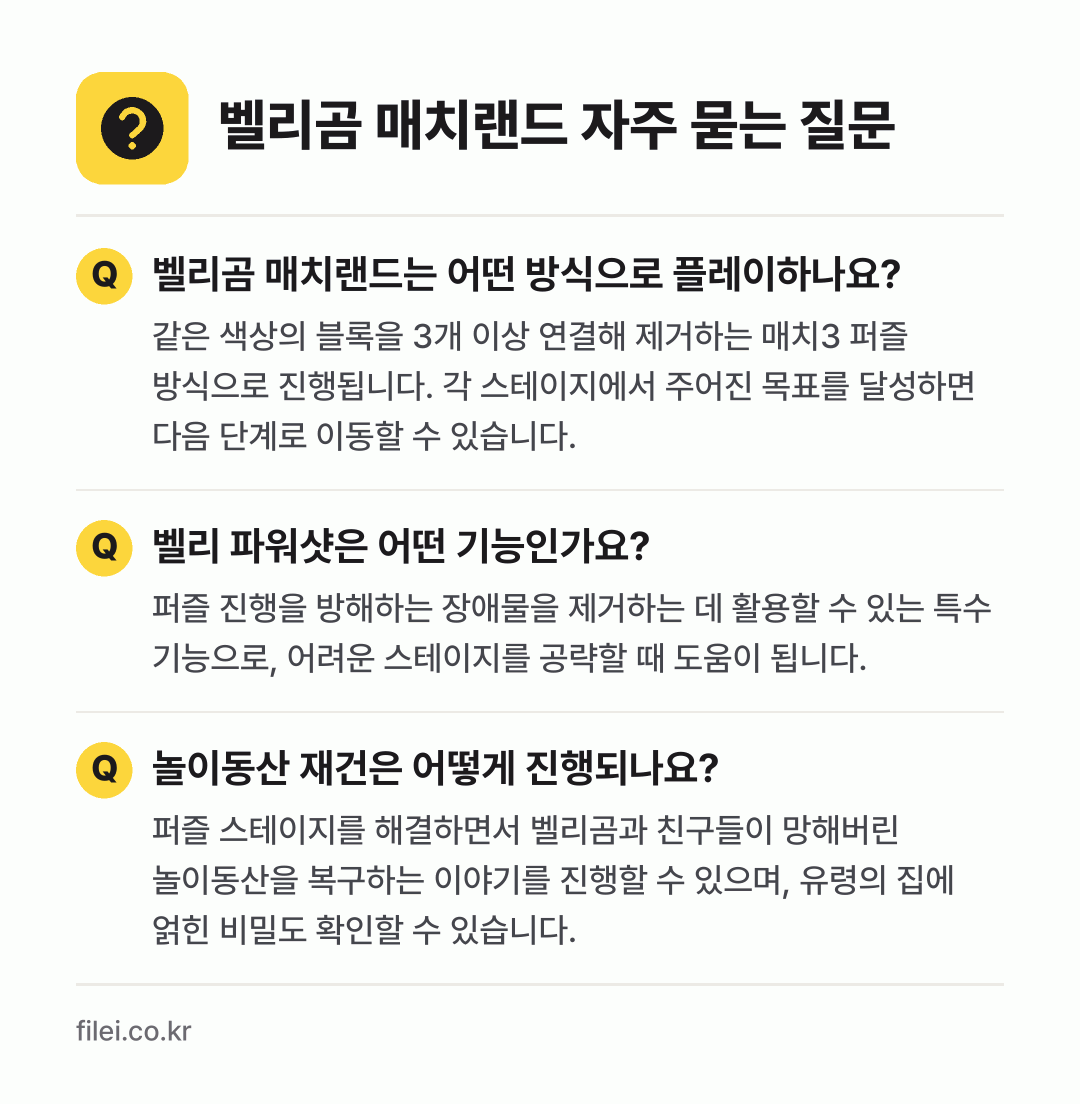 벨리곰 매치랜드 자주 묻는 질문: 벨리곰 매치랜드는 어떤 방식으로 플레이하나요? / 벨리 파워샷은 어떤 기능인가요? / 놀이동산 재건은 어떻게 진행되나요?