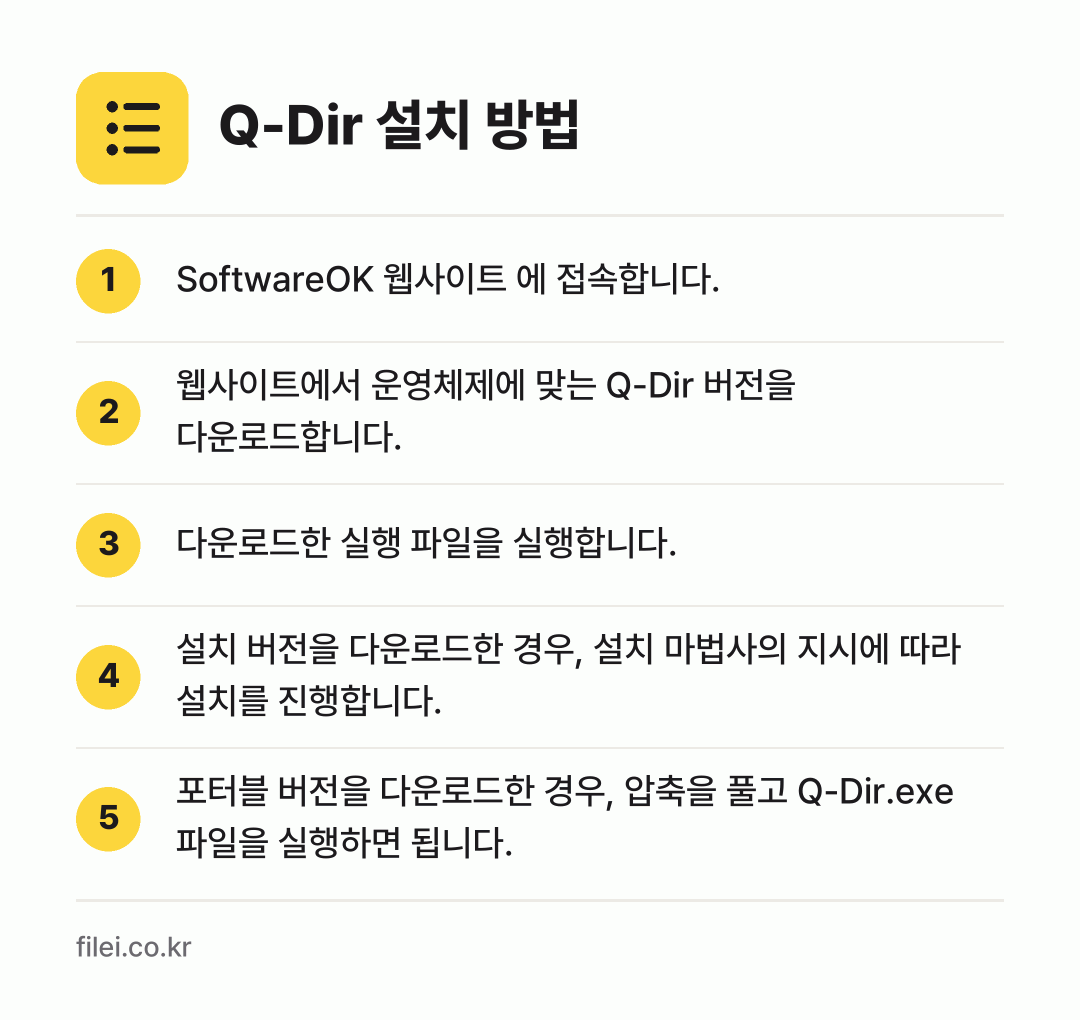 Q-Dir 설치 방법: SoftwareOK 웹사이트 에 접속합니다. → 웹사이트에서 운영체제에 맞는 Q-Dir 버… → 다운로드한 실행 파일을 실행합니다. → 설치 버전을 다운로드한 경우, 설치 마법사… → 포터블 버전을 다운로드한 경우, 압축을 풀…