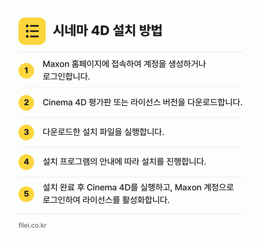 시네마 4D 설치 방법: Maxon 홈페이지에 접속하여 계정을 생성… → Cinema 4D 평가판 또는 라이선스 버… → 다운로드한 설치 파일을 실행합니다. → 설치 프로그램의 안내에 따라 설치를 진행합… → 설치 완료 후 Cinema 4D를 실행하고…