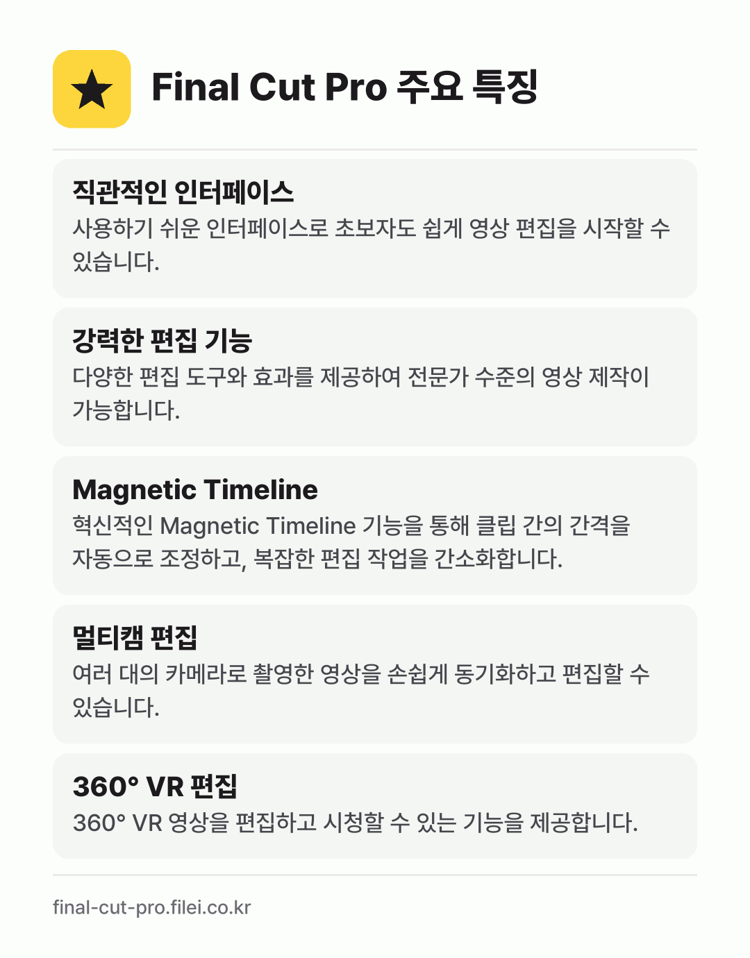 Final Cut Pro 주요 특징: 직관적인 인터페이스, 강력한 편집 기능, Magnetic Timeline, 멀티캠 편집, 360° VR 편집
