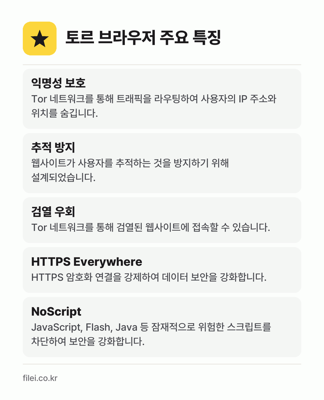 토르 브라우저 주요 특징: 익명성 보호, 추적 방지, 검열 우회, HTTPS Everywhere, NoScript