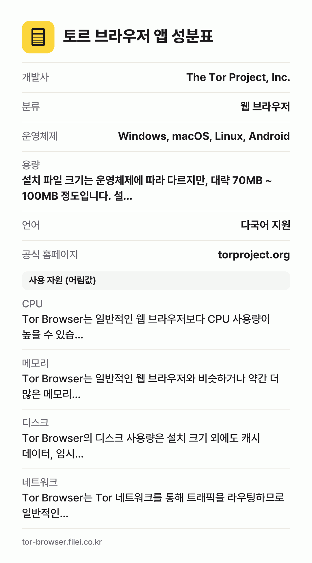 토르 브라우저 앱 성분표: 개발사 The Tor Project, Inc., 분류 웹 브라우저, 운영체제 Windows, macOS, Linux, Android, 용량 설치 파일 크기는 운영체제에 따라 다르지만, 대략 70MB ~ 100MB 정도입니다. 설…, 언어 다국어 지원