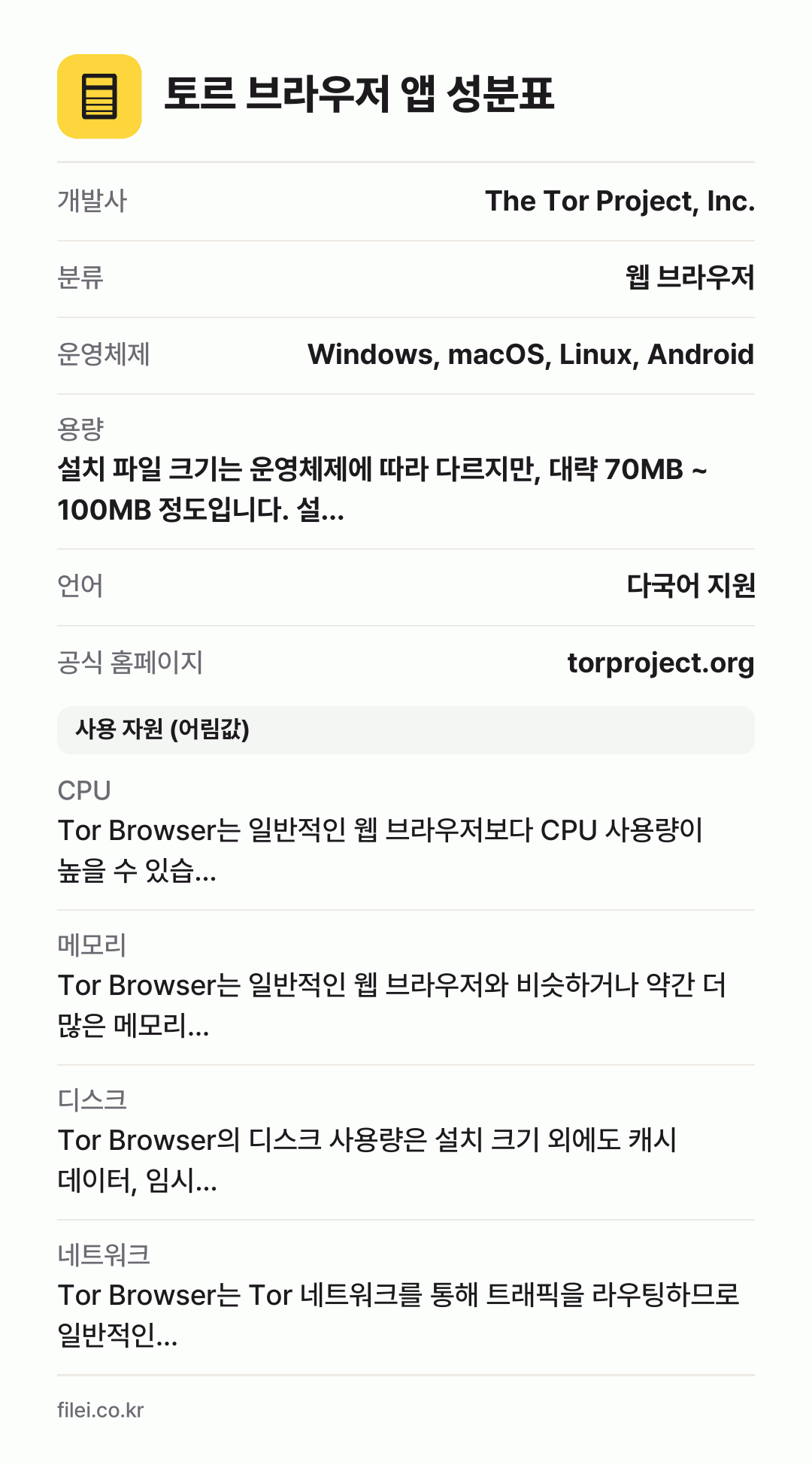 토르 브라우저 앱 성분표: 개발사 The Tor Project, Inc., 분류 웹 브라우저, 운영체제 Windows, macOS, Linux, Android, 용량 설치 파일 크기는 운영체제에 따라 다르지만, 대략 70MB ~ 100MB 정도입니다. 설…, 언어 다국어 지원