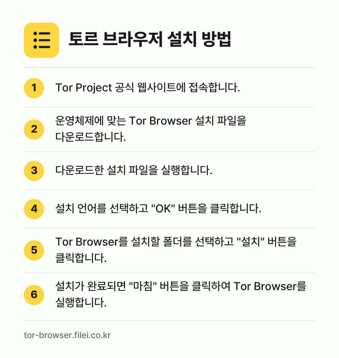 토르 브라우저 설치 방법: Tor Project 공식 웹사이트에 접속… → 운영체제에 맞는 Tor Browser 설치… → 다운로드한 설치 파일을 실행합니다. → 설치 언어를 선택하고 "OK" 버튼을 클릭… → Tor Browser를 설치할 폴더를 선택… → 설치가 완료되면 "마침" 버튼을 클릭하여…