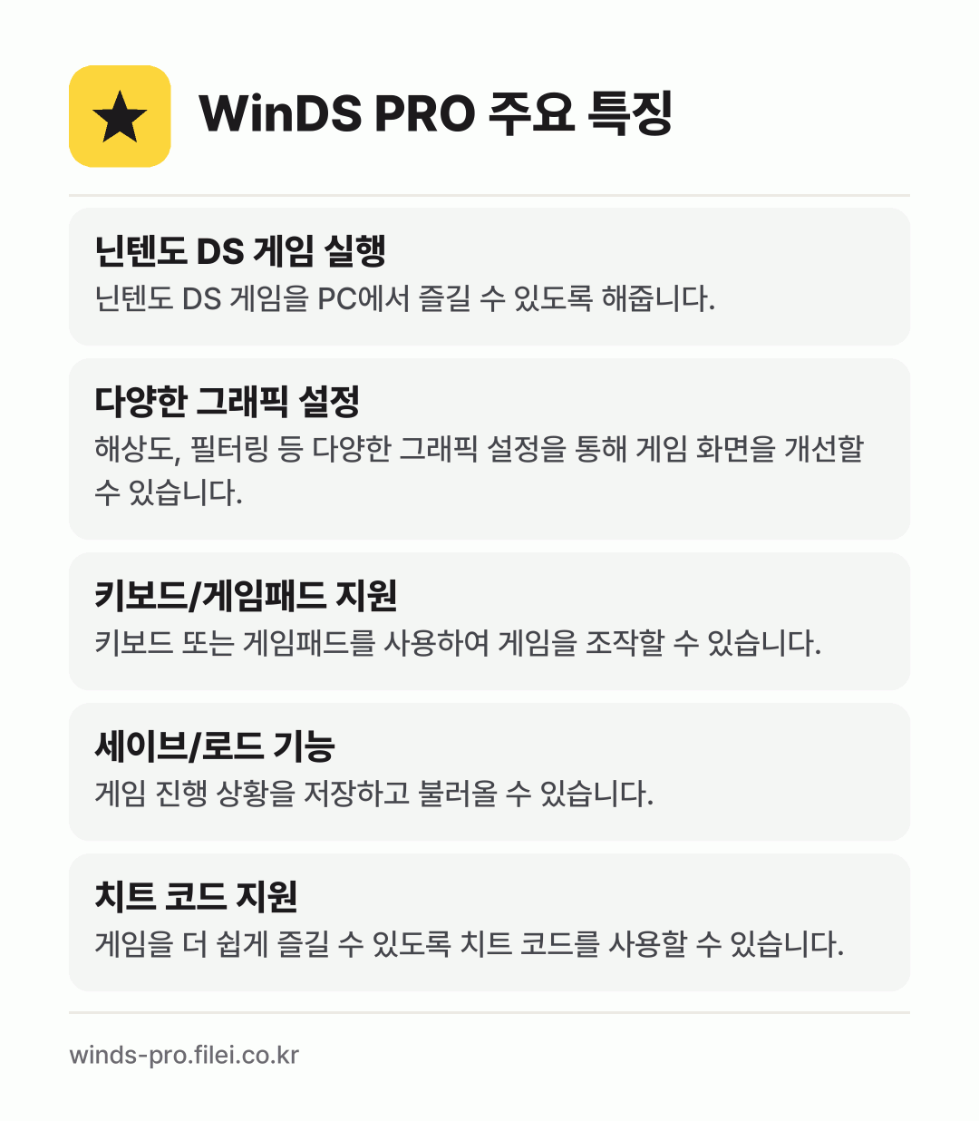 WinDS PRO 주요 특징: 닌텐도 DS 게임 실행, 다양한 그래픽 설정, 키보드/게임패드 지원, 세이브/로드 기능, 치트 코드 지원