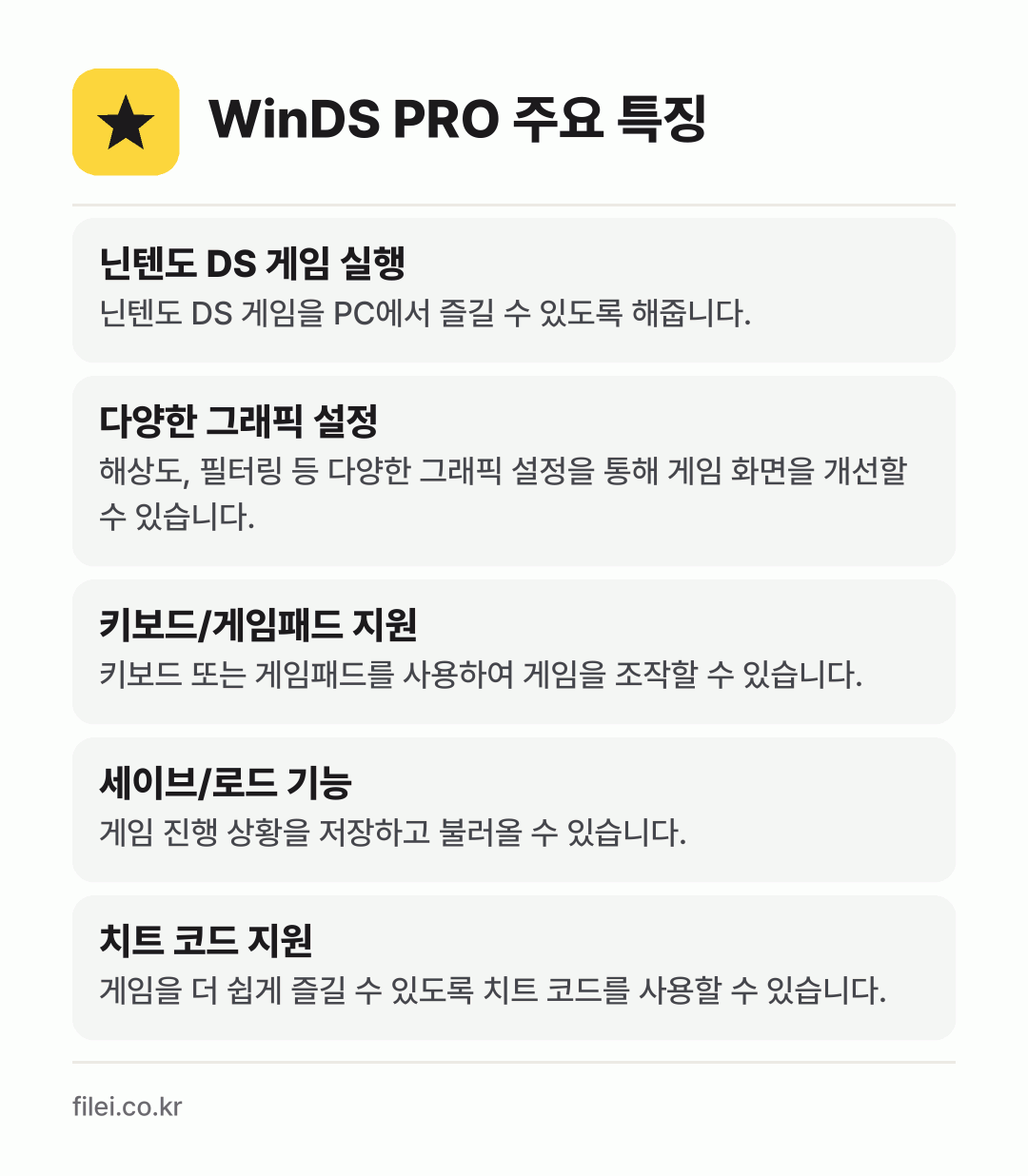 WinDS PRO 주요 특징: 닌텐도 DS 게임 실행, 다양한 그래픽 설정, 키보드/게임패드 지원, 세이브/로드 기능, 치트 코드 지원